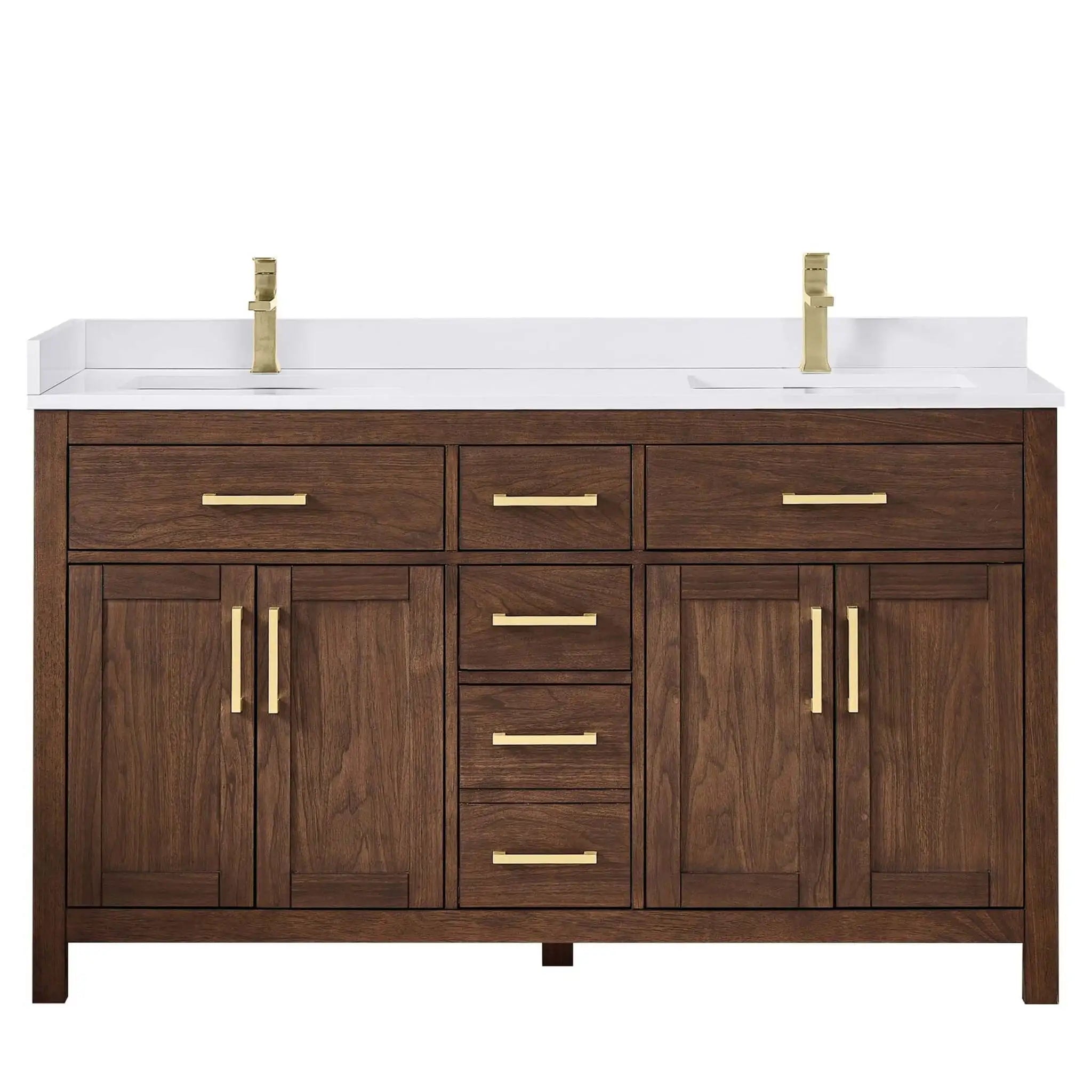 60" Beckett Double Bathroom Vanity in Dark Walnut with Brushed Gold Trim by Wyndham