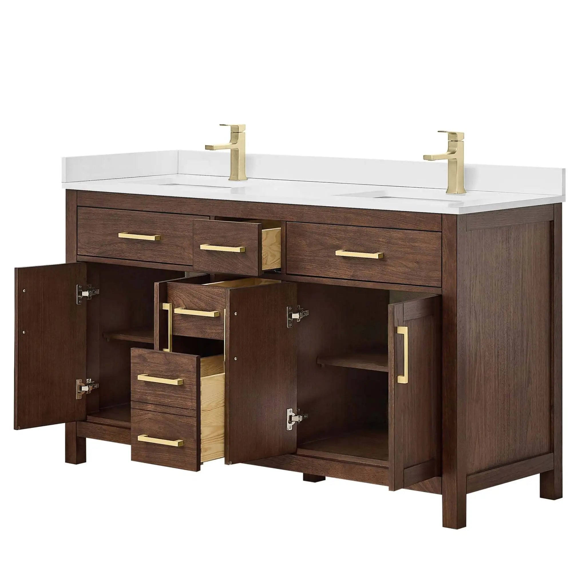 60" Beckett Double Bathroom Vanity in Dark Walnut with Brushed Gold Trim by Wyndham
