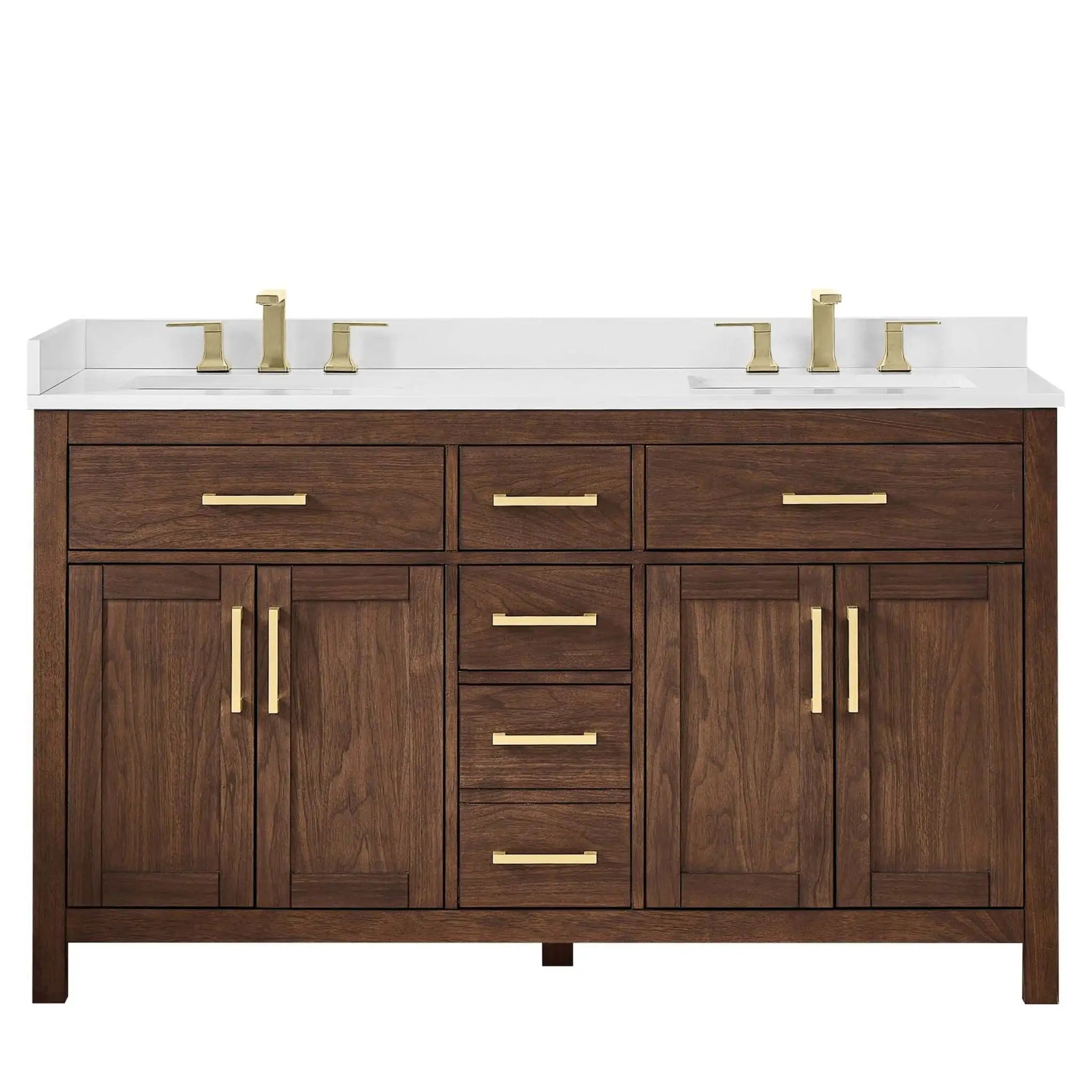 60" Beckett Double Bathroom Vanity in Dark Walnut with Brushed Gold Trim by Wyndham