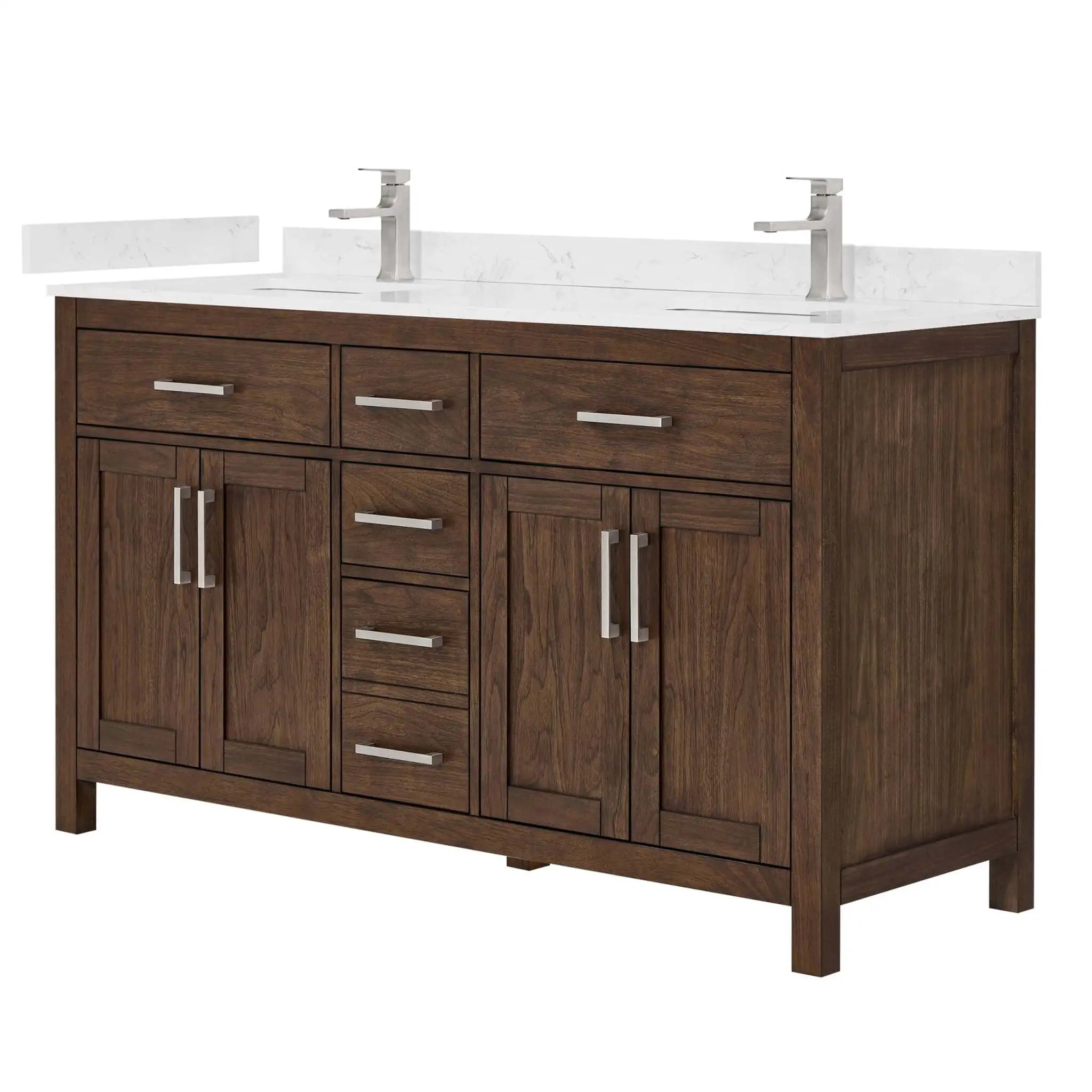 60" Beckett Double Bathroom Vanity in Dark Walnut with Brushed Nickel Trim by Wyndham