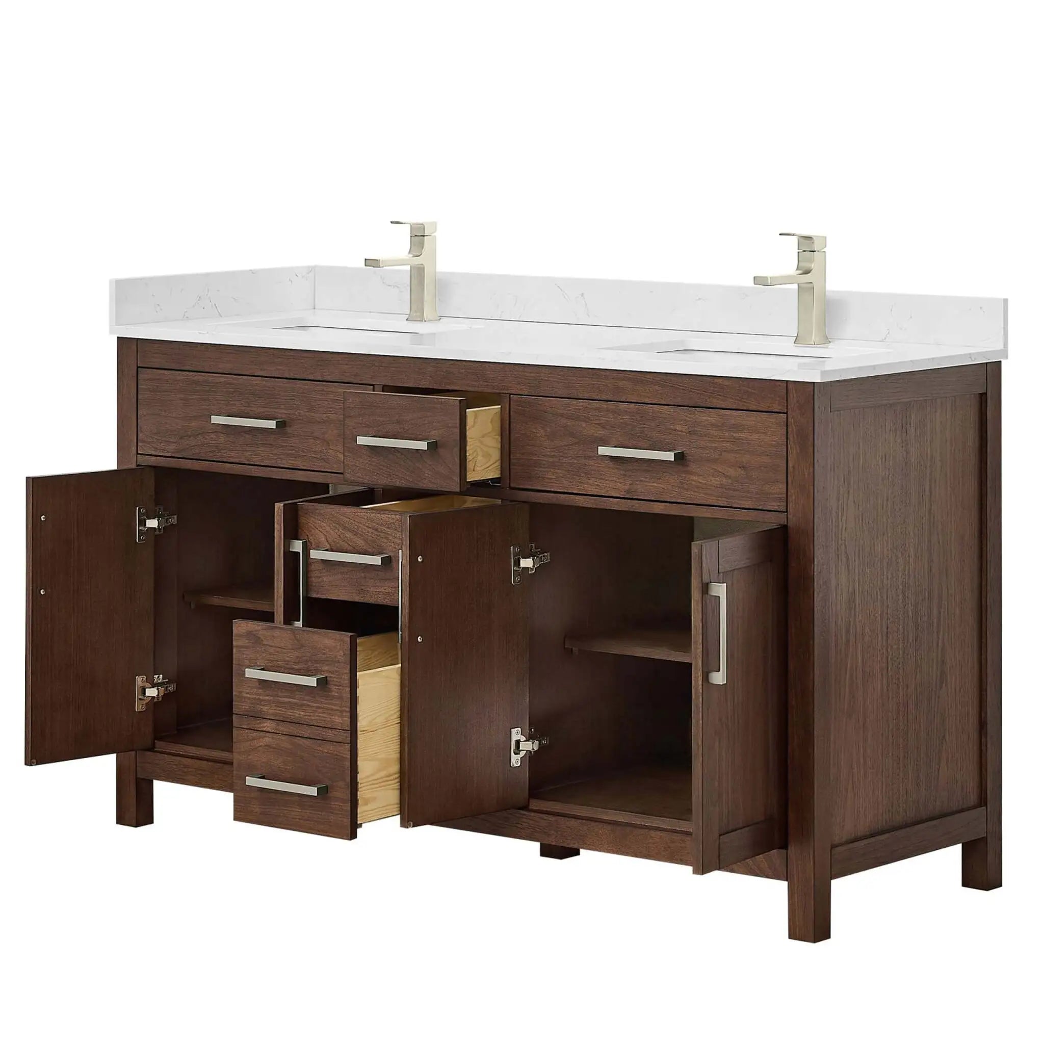 60" Beckett Double Bathroom Vanity in Dark Walnut with Brushed Nickel Trim by Wyndham