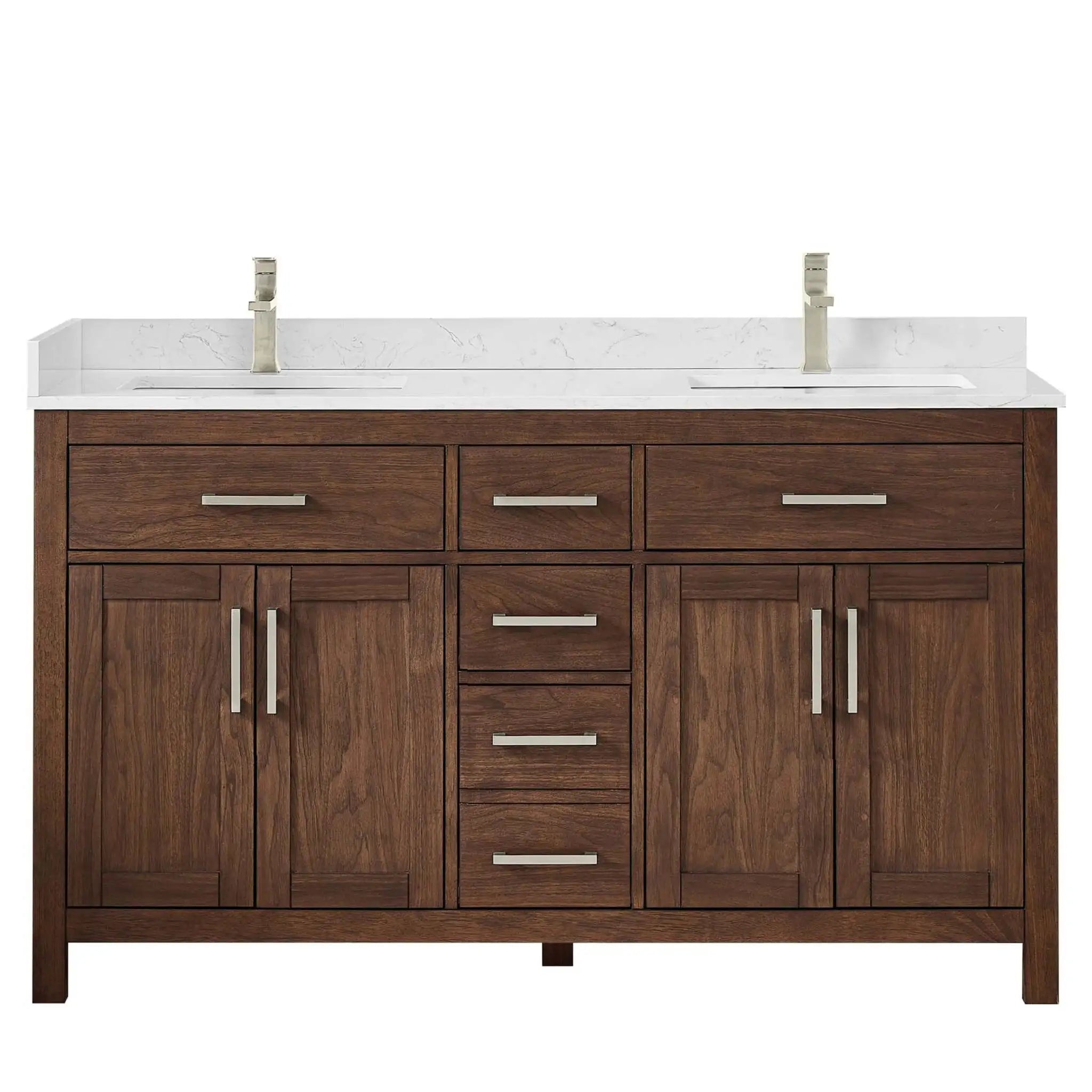 60" Beckett Double Bathroom Vanity in Dark Walnut with Brushed Nickel Trim by Wyndham