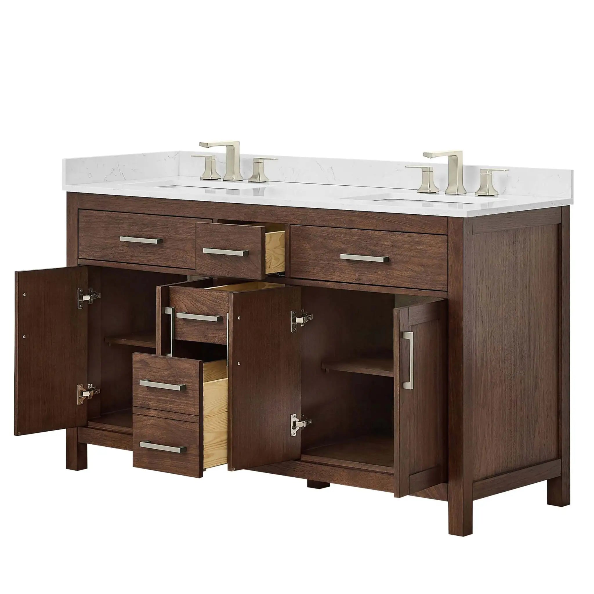 60" Beckett Double Bathroom Vanity in Dark Walnut with Brushed Nickel Trim by Wyndham