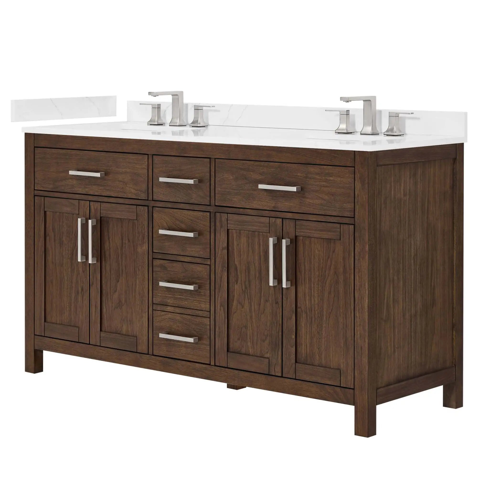60" Beckett Double Bathroom Vanity in Dark Walnut with Brushed Nickel Trim by Wyndham