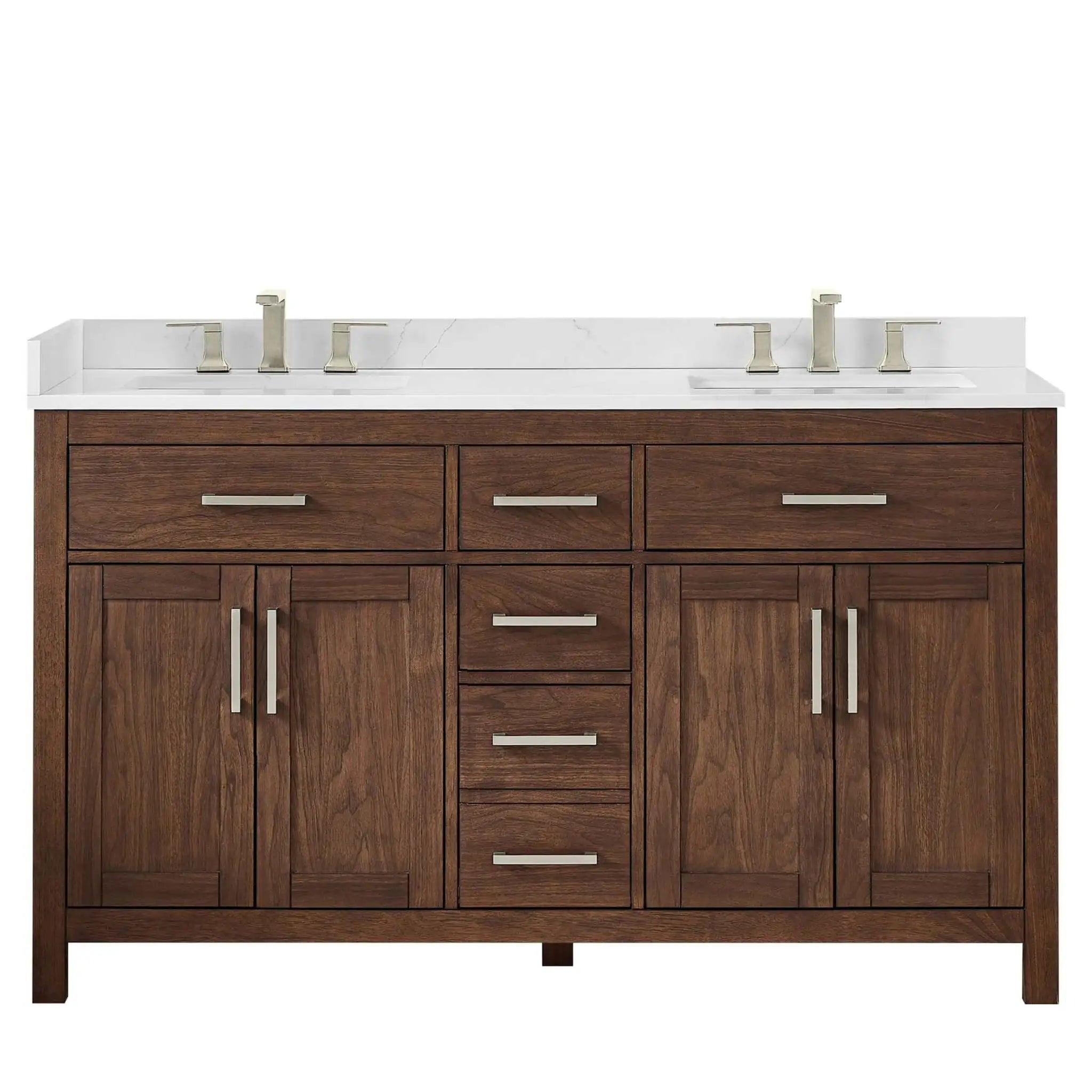 60" Beckett Double Bathroom Vanity in Dark Walnut with Brushed Nickel Trim by Wyndham