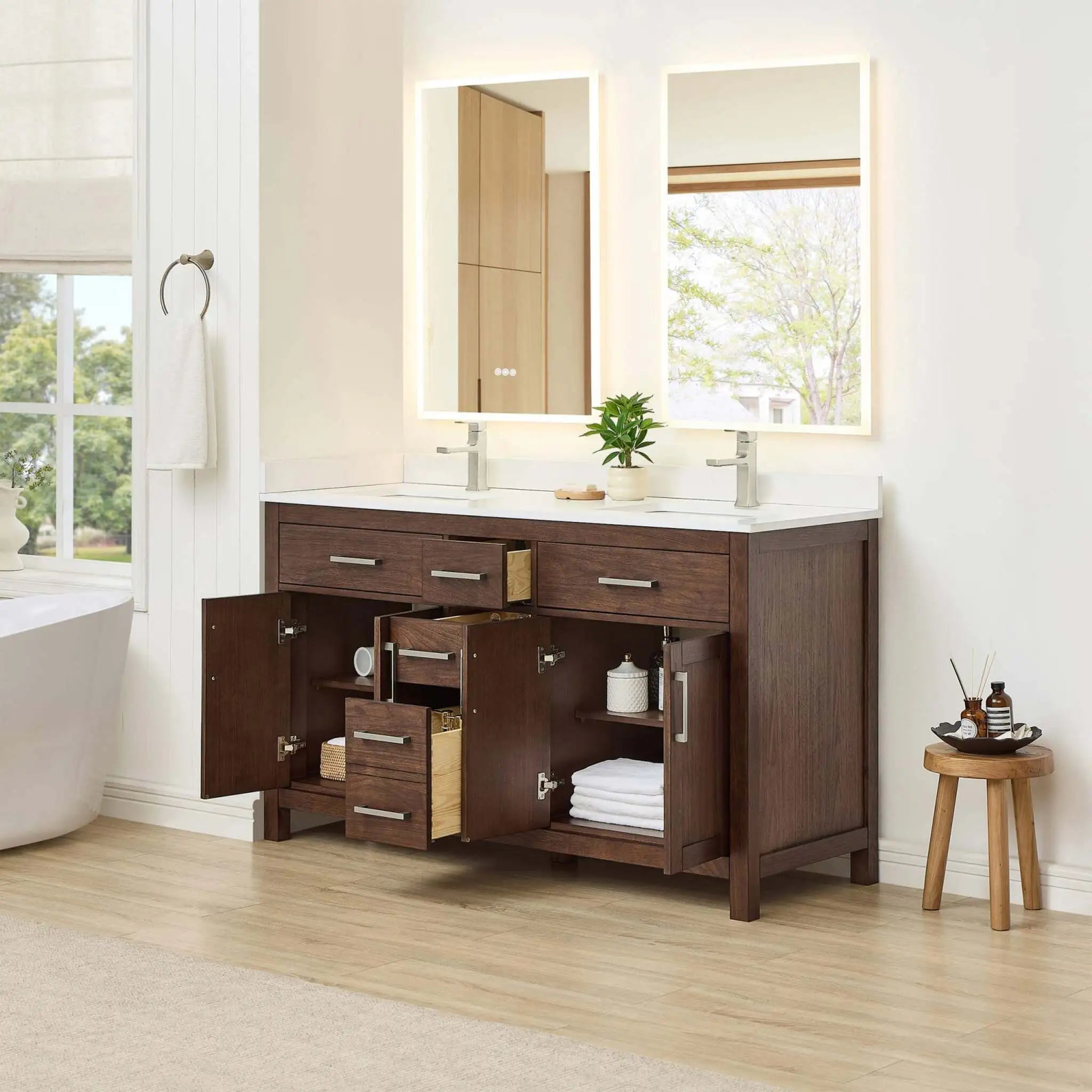 60" Beckett Double Bathroom Vanity in Dark Walnut with Brushed Nickel Trim by Wyndham