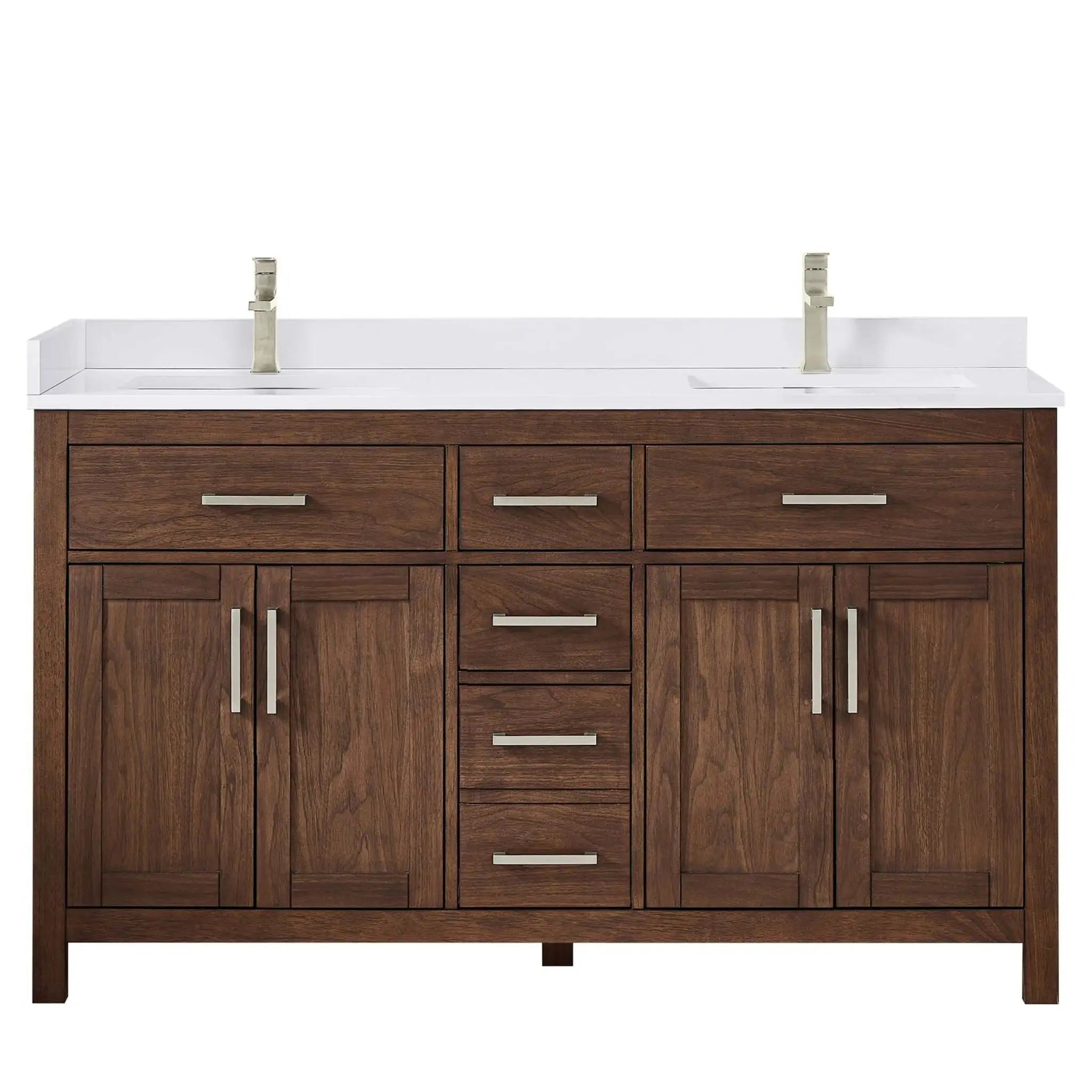 60" Beckett Double Bathroom Vanity in Dark Walnut with Brushed Nickel Trim by Wyndham