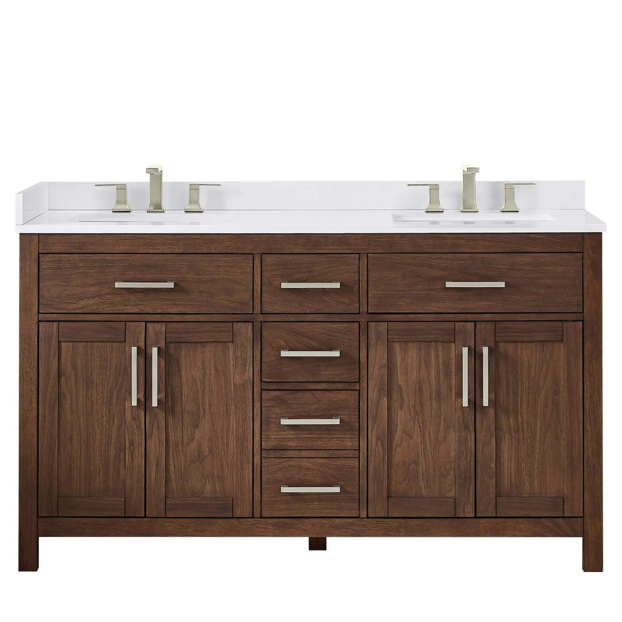60" Beckett Double Bathroom Vanity in Dark Walnut with Brushed Nickel Trim by Wyndham