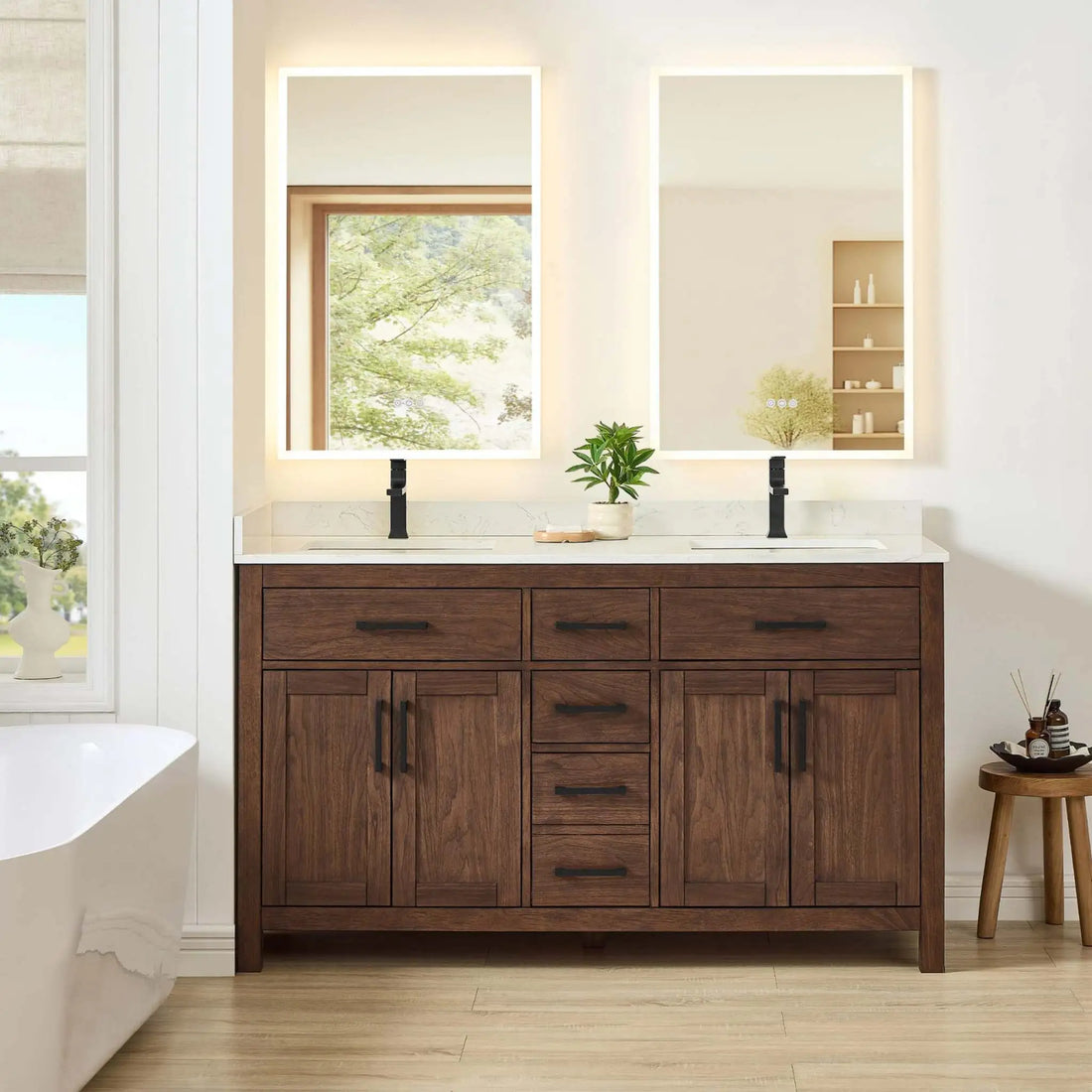 60" Beckett Double Bathroom Vanity in Dark Walnut with Matte Black Trim by Wyndham