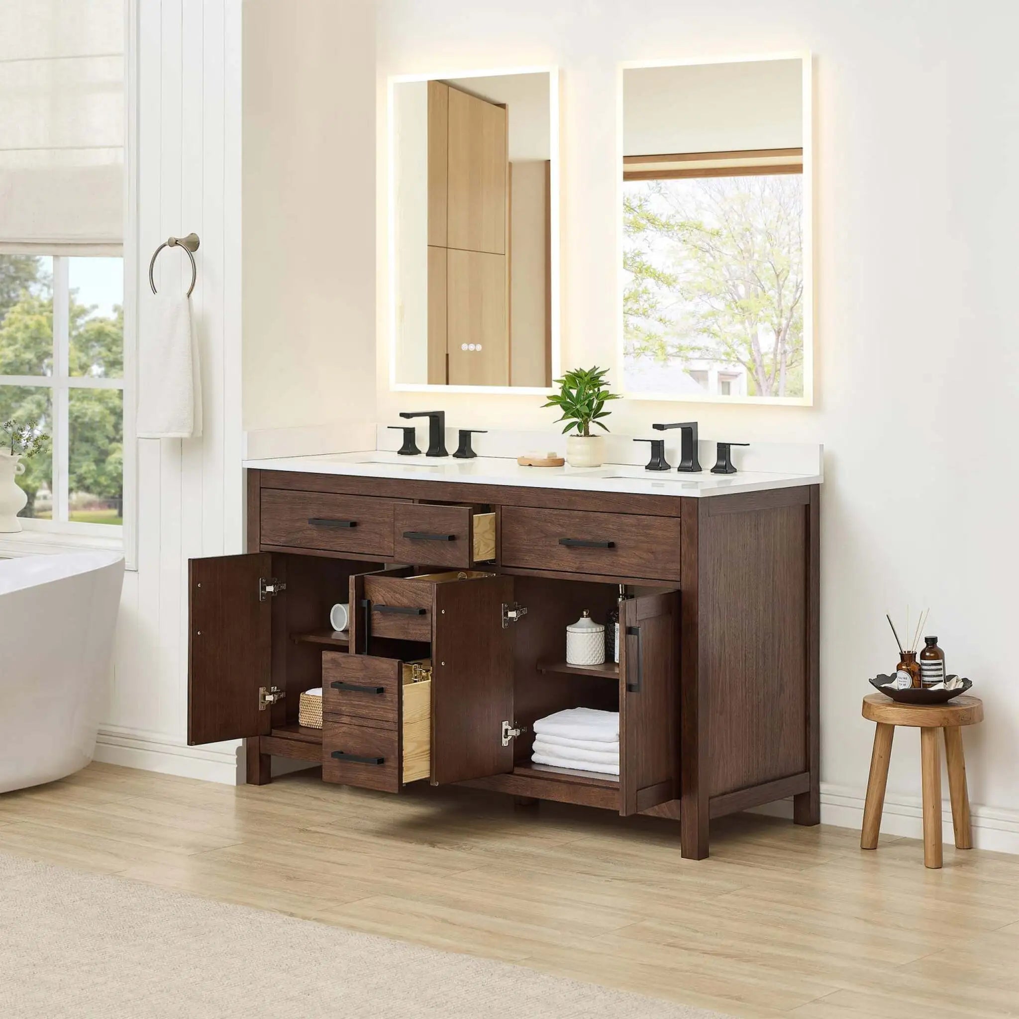 60" Beckett Double Bathroom Vanity in Dark Walnut with Matte Black Trim by Wyndham