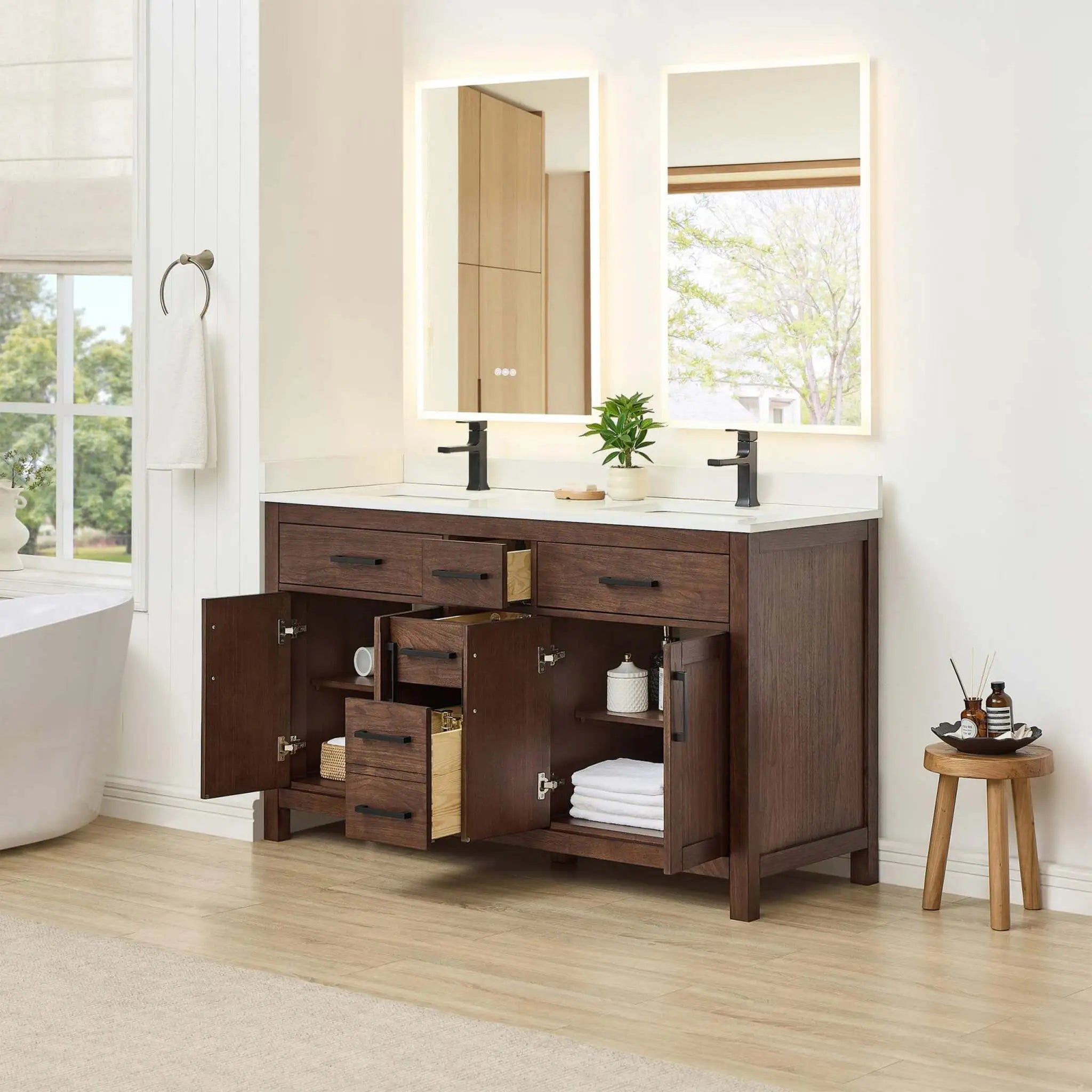 60" Beckett Double Bathroom Vanity in Dark Walnut with Matte Black Trim by Wyndham