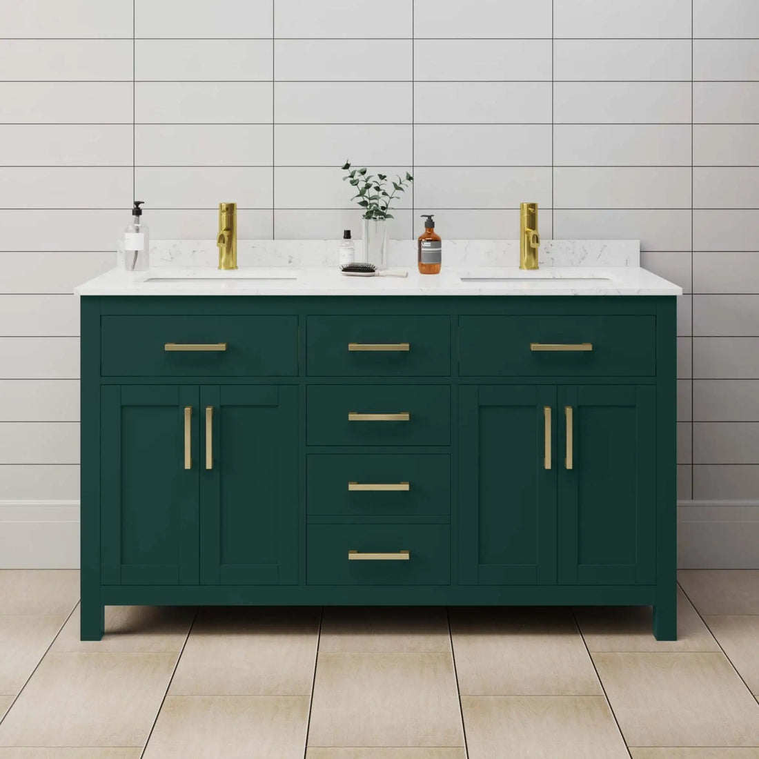 60" Beckett Double Bathroom Vanity in Green with Brushed Gold Trim by Wyndham