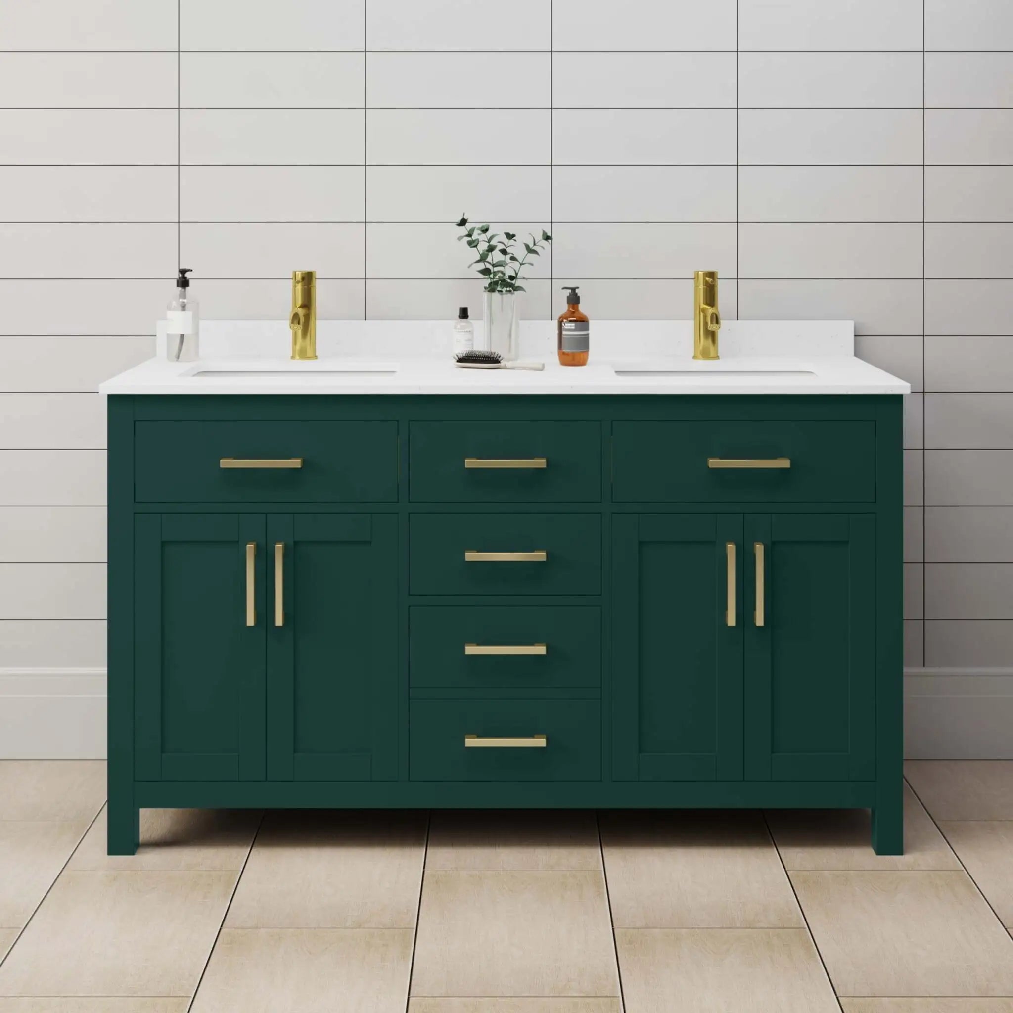 60" Beckett Double Bathroom Vanity in Green with Brushed Gold Trim by Wyndham