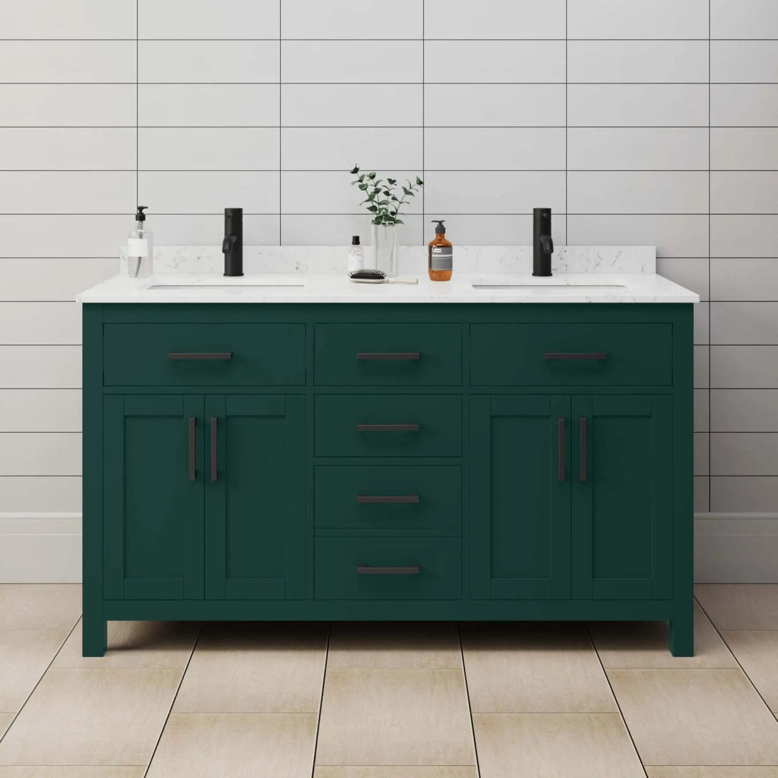 60" Beckett Double Bathroom Vanity in Green with Matte Black Trim by Wyndham