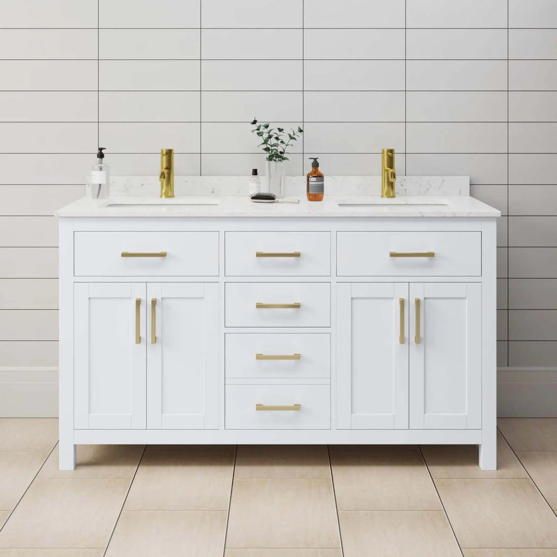 60" Beckett Double Bathroom Vanity in White with Brushed Gold Trim by Wyndham