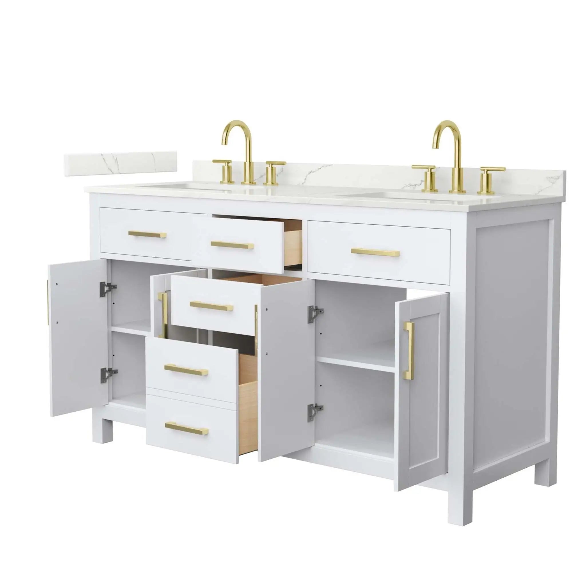 60" Beckett Double Bathroom Vanity in White with Brushed Gold Trim by Wyndham