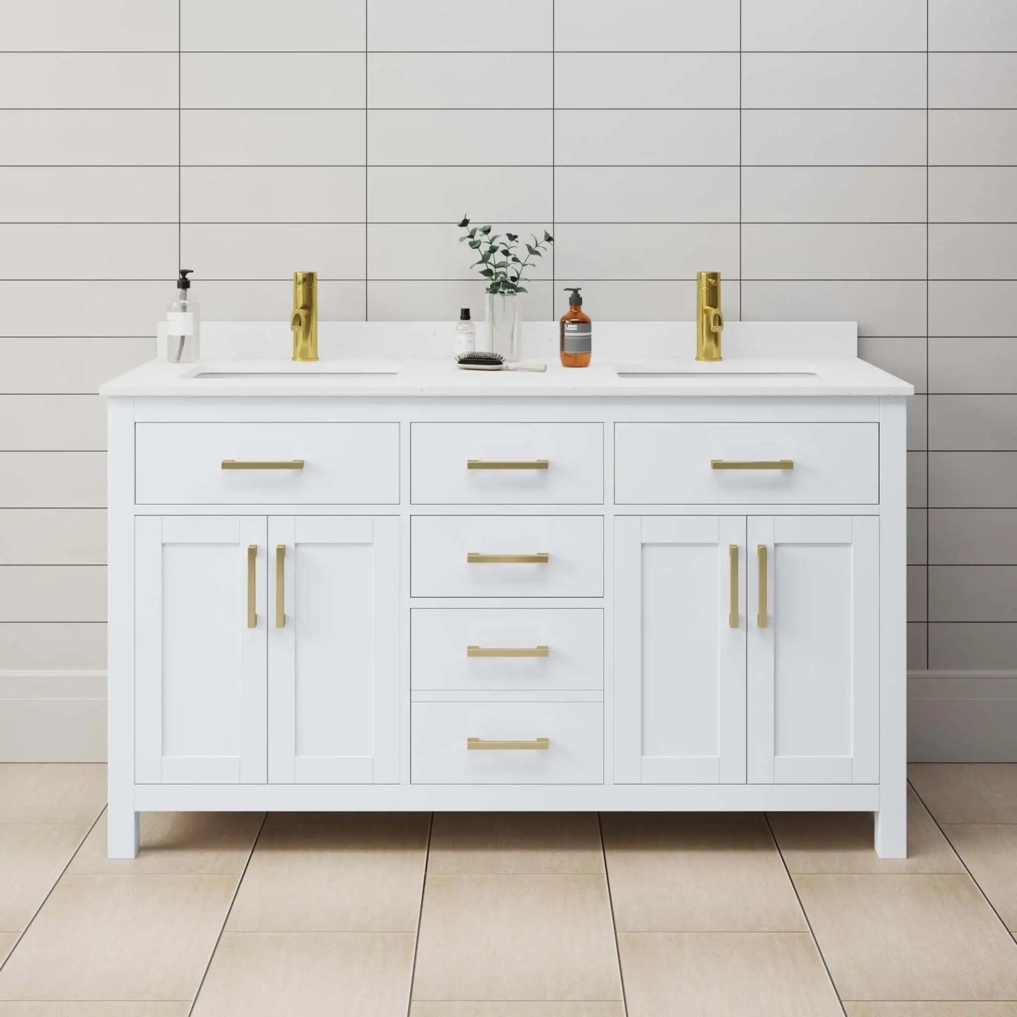 60" Beckett Double Bathroom Vanity in White with Brushed Gold Trim by Wyndham