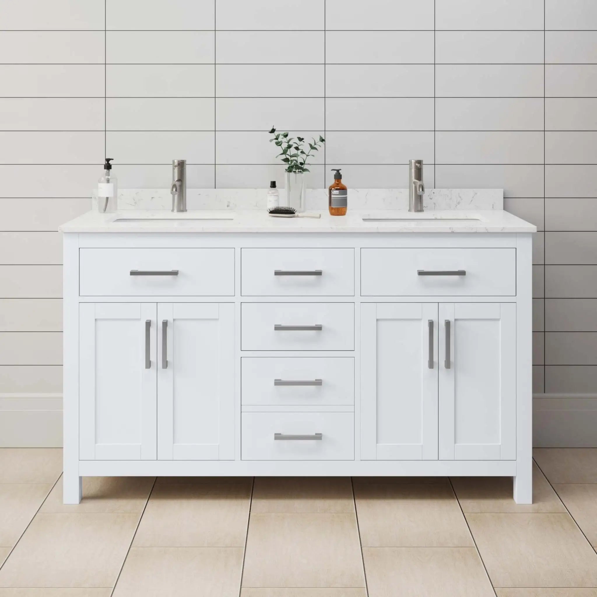 60" Beckett Double Bathroom Vanity in White with Brushed Nickel Trim by Wyndham