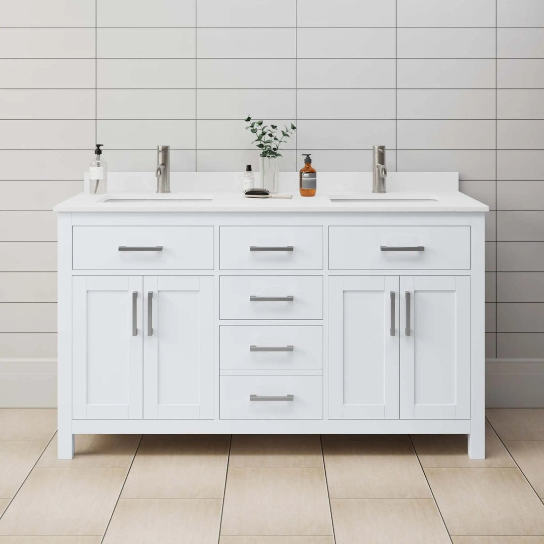 60" Beckett Double Bathroom Vanity in White with Brushed Nickel Trim by Wyndham