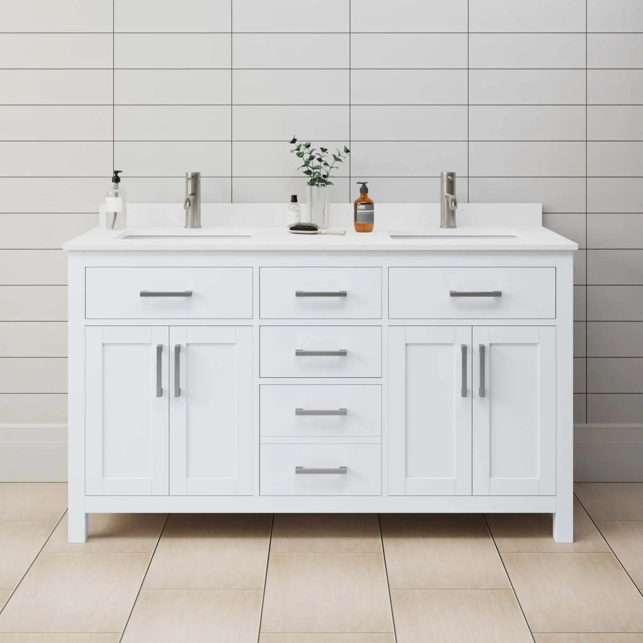 60" Beckett Double Bathroom Vanity in White with Brushed Nickel Trim by Wyndham