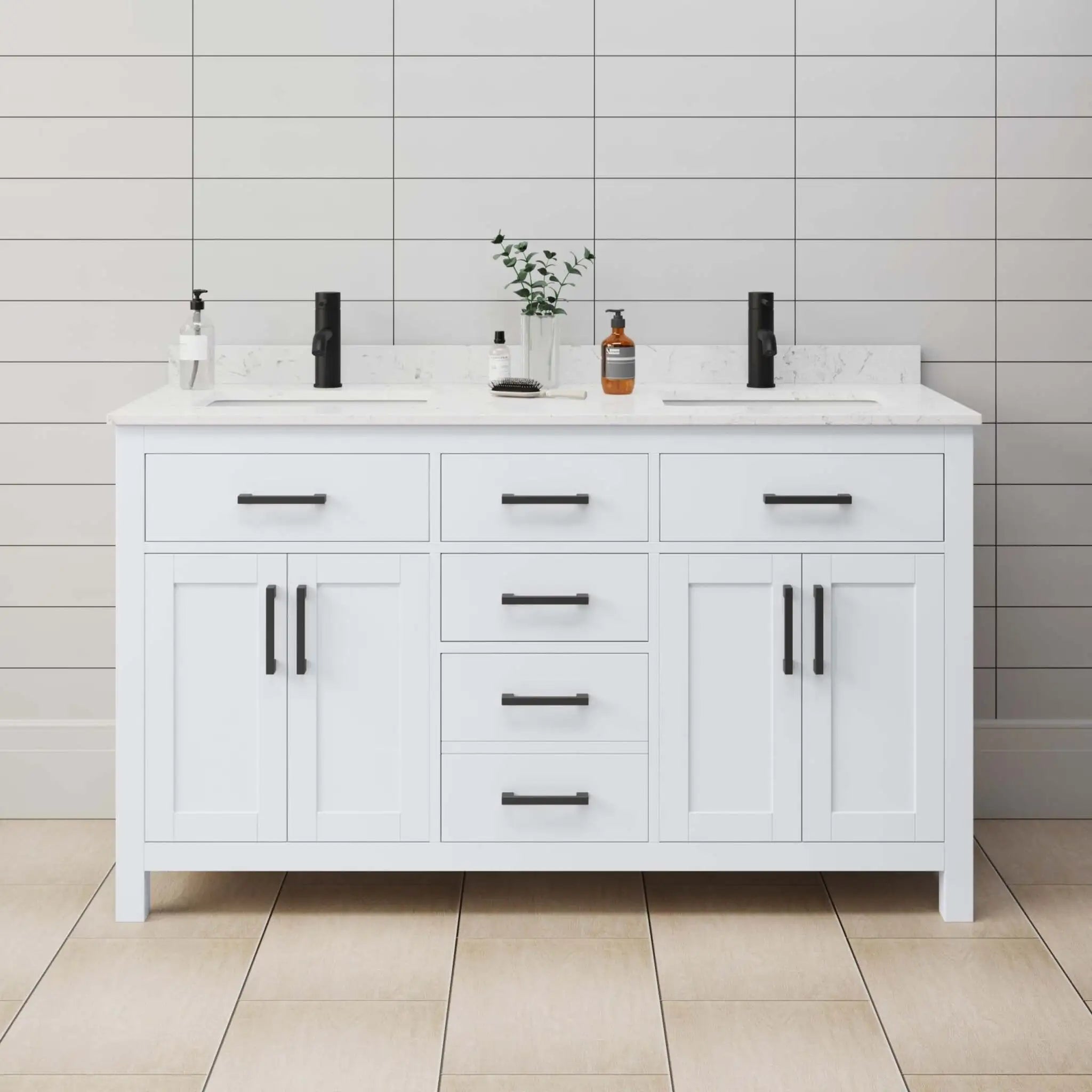 60" Beckett Double Bathroom Vanity in White with Matte Black Trim by Wyndham