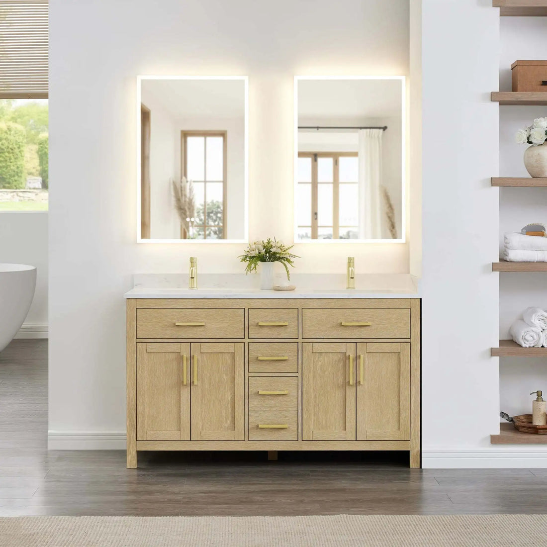 60" Beckett Double Bathroom Vanity in Whitewashed Oak with Brushed Gold Trim by Wyndham