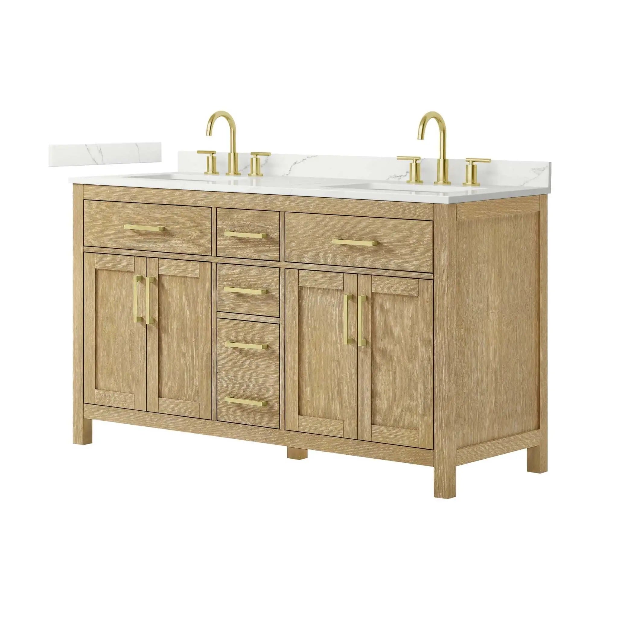 60" Beckett Double Bathroom Vanity in Whitewashed Oak with Brushed Gold Trim by Wyndham