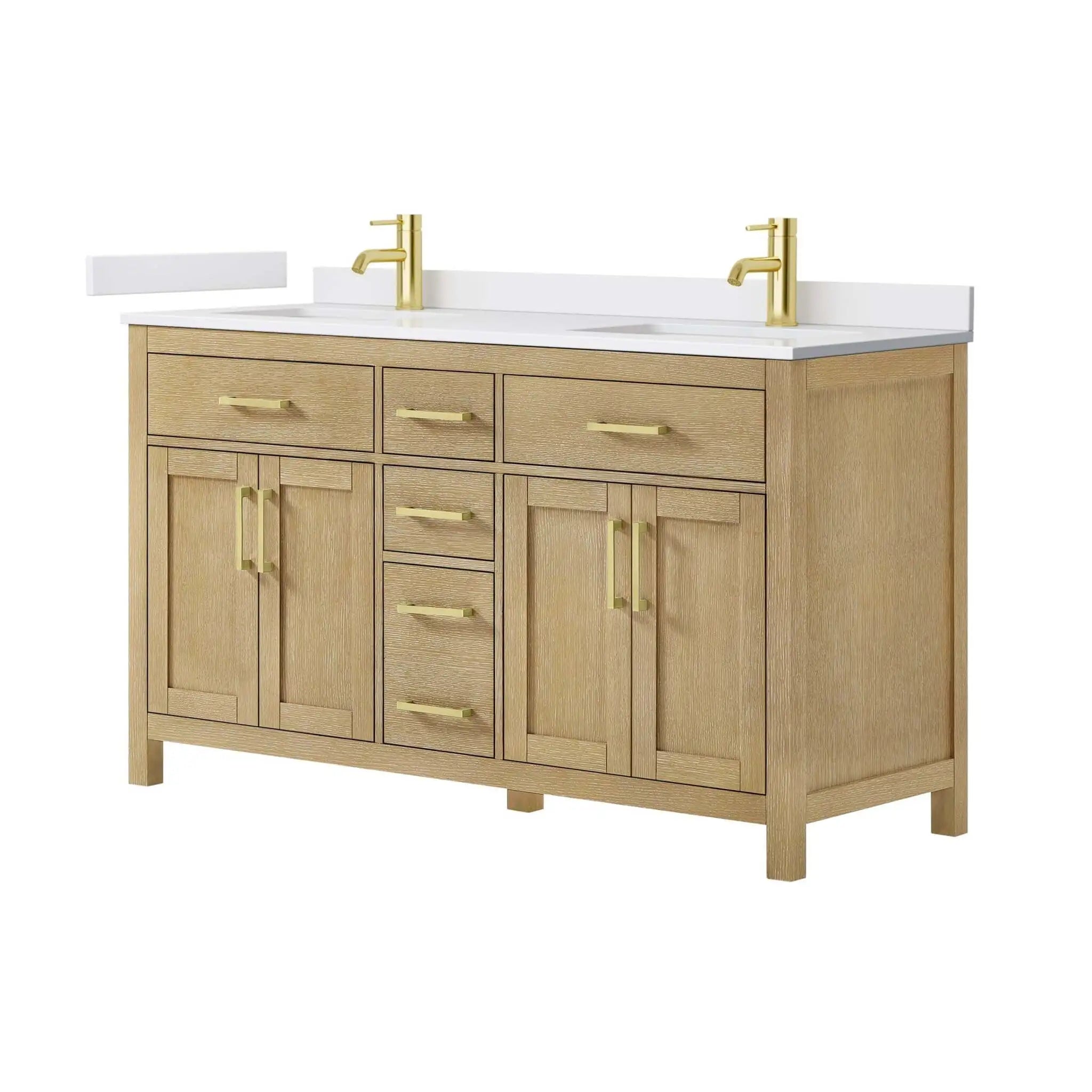 60" Beckett Double Bathroom Vanity in Whitewashed Oak with Brushed Gold Trim by Wyndham