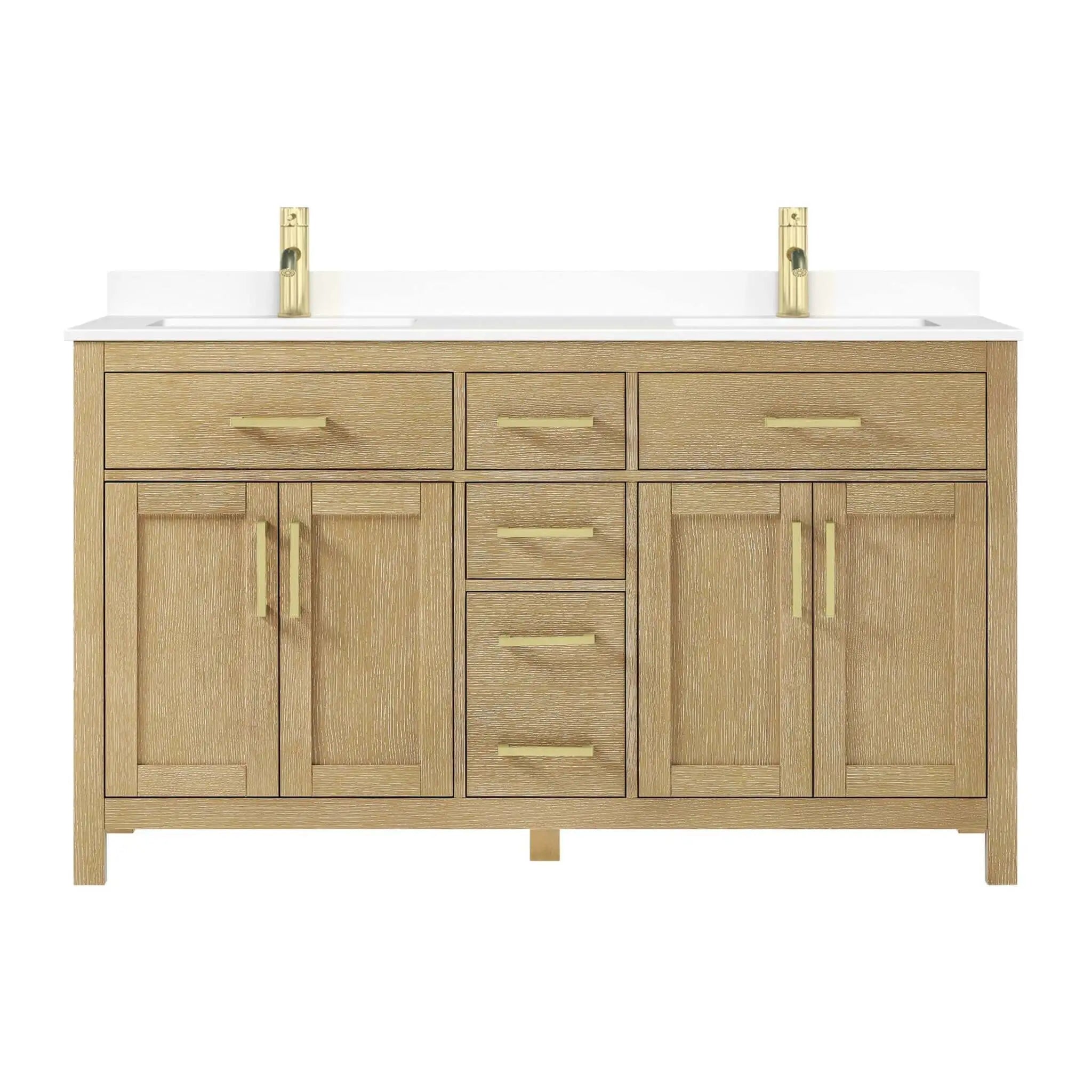 60" Beckett Double Bathroom Vanity in Whitewashed Oak with Brushed Gold Trim by Wyndham