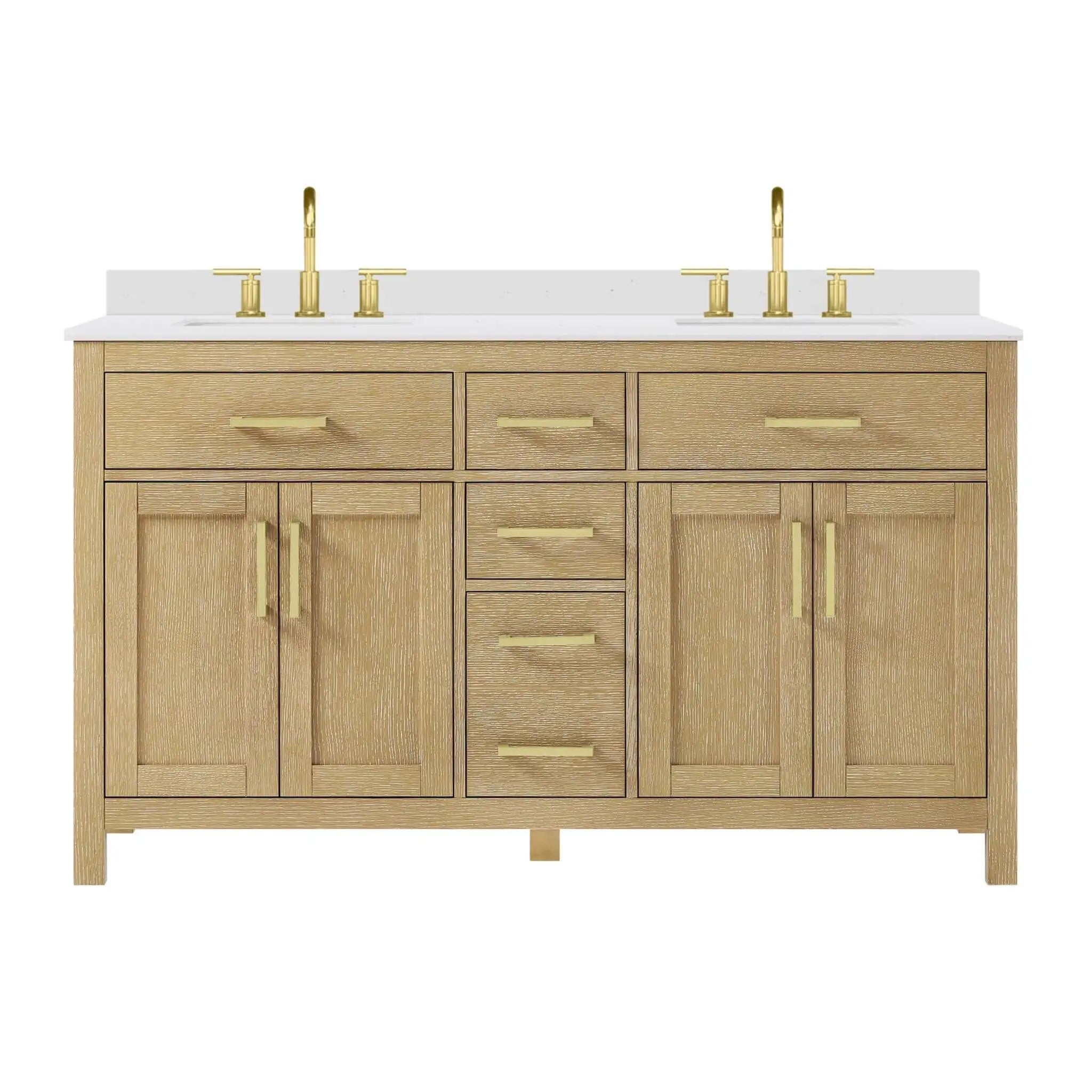 60" Beckett Double Bathroom Vanity in Whitewashed Oak with Brushed Gold Trim by Wyndham