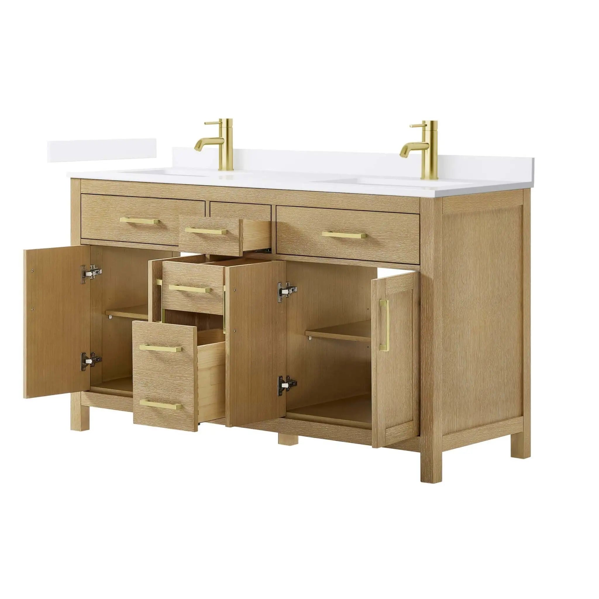60" Beckett Double Bathroom Vanity in Whitewashed Oak with Brushed Gold Trim by Wyndham