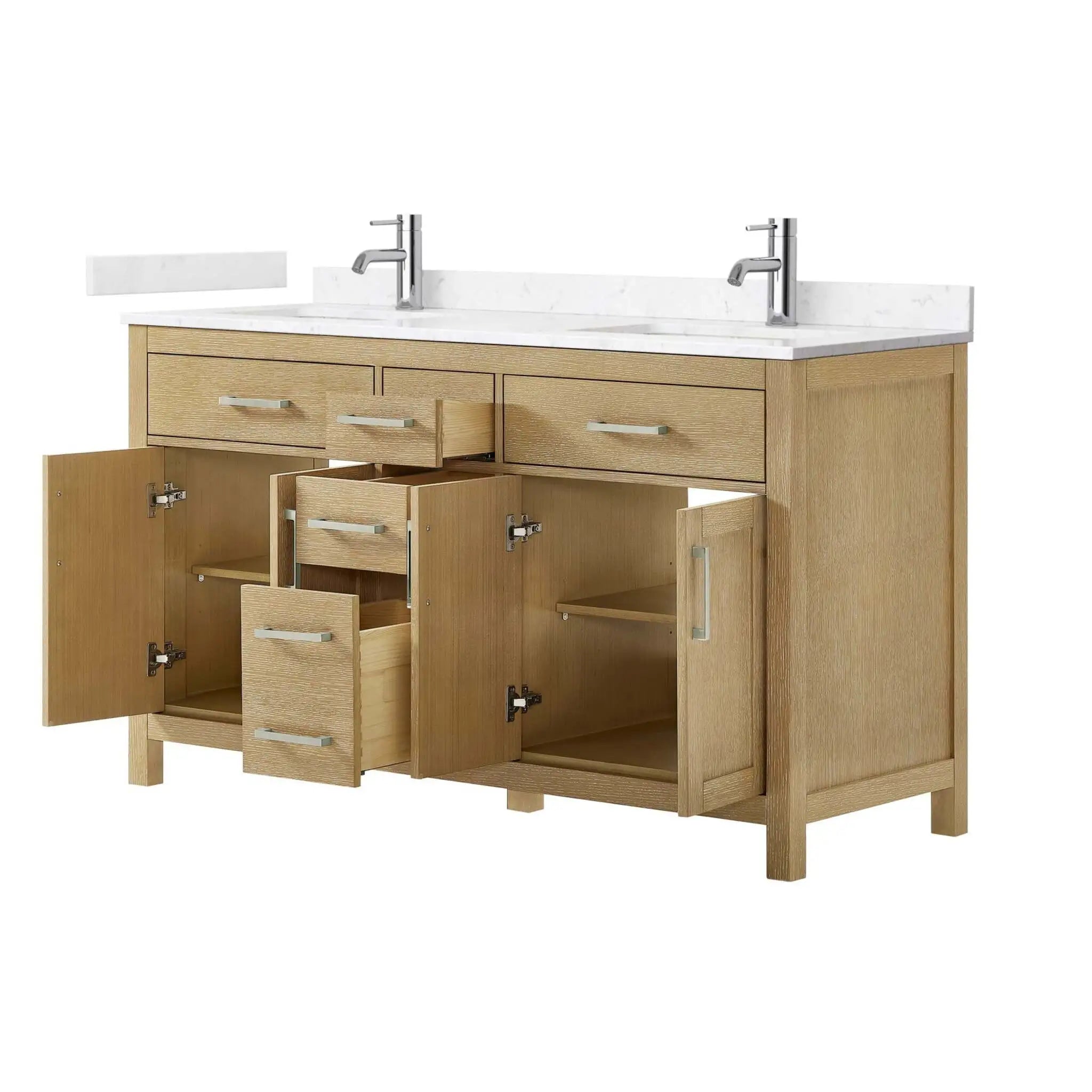 60" Beckett Double Bathroom Vanity in Whitewashed Oak with Brushed Nickel Trim by Wyndham