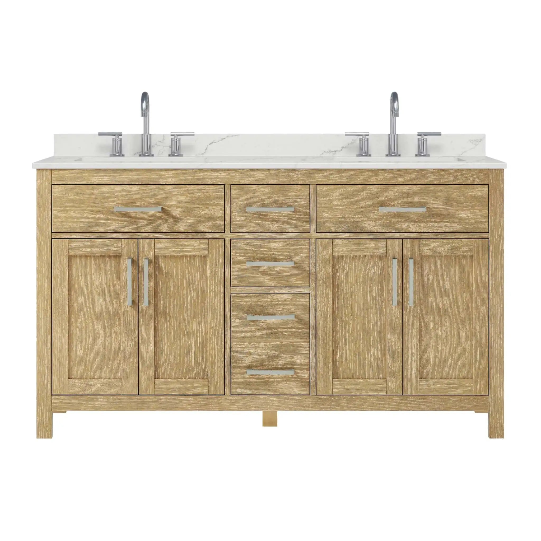 60" Beckett Double Bathroom Vanity in Whitewashed Oak with Brushed Nickel Trim by Wyndham