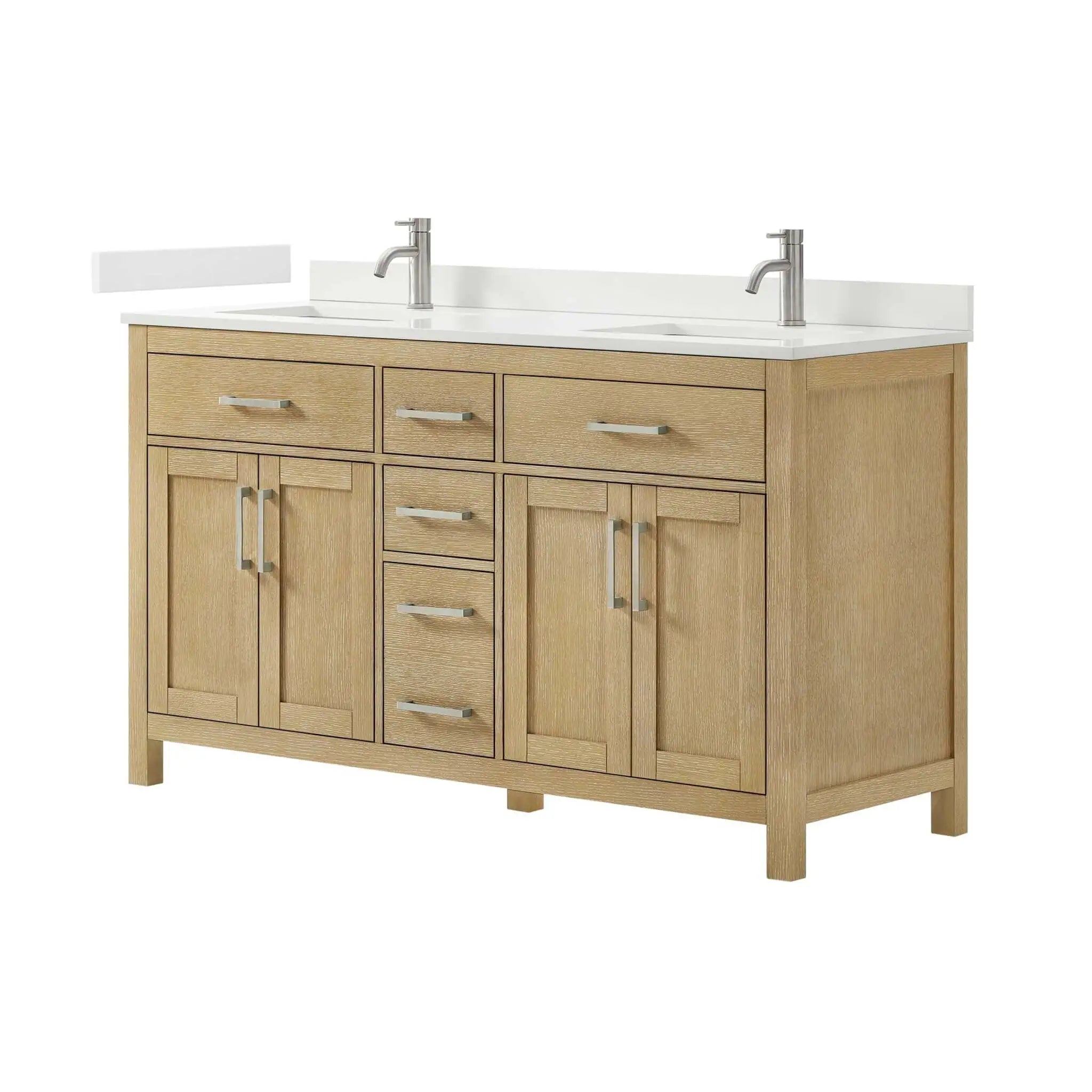 60" Beckett Double Bathroom Vanity in Whitewashed Oak with Brushed Nickel Trim by Wyndham