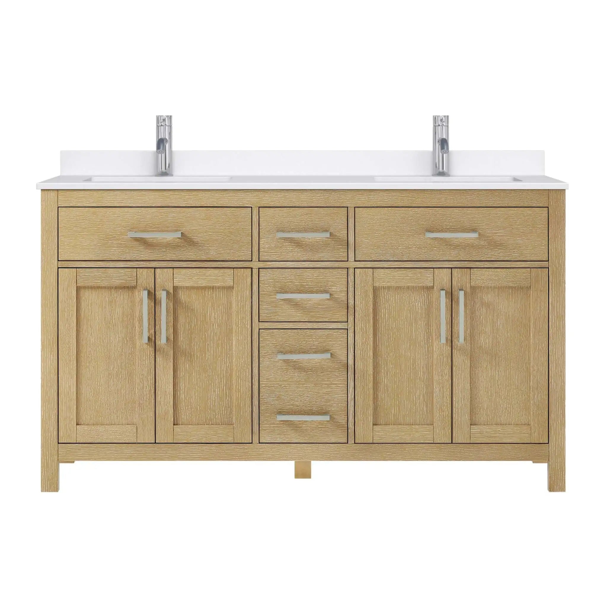 60" Beckett Double Bathroom Vanity in Whitewashed Oak with Brushed Nickel Trim by Wyndham