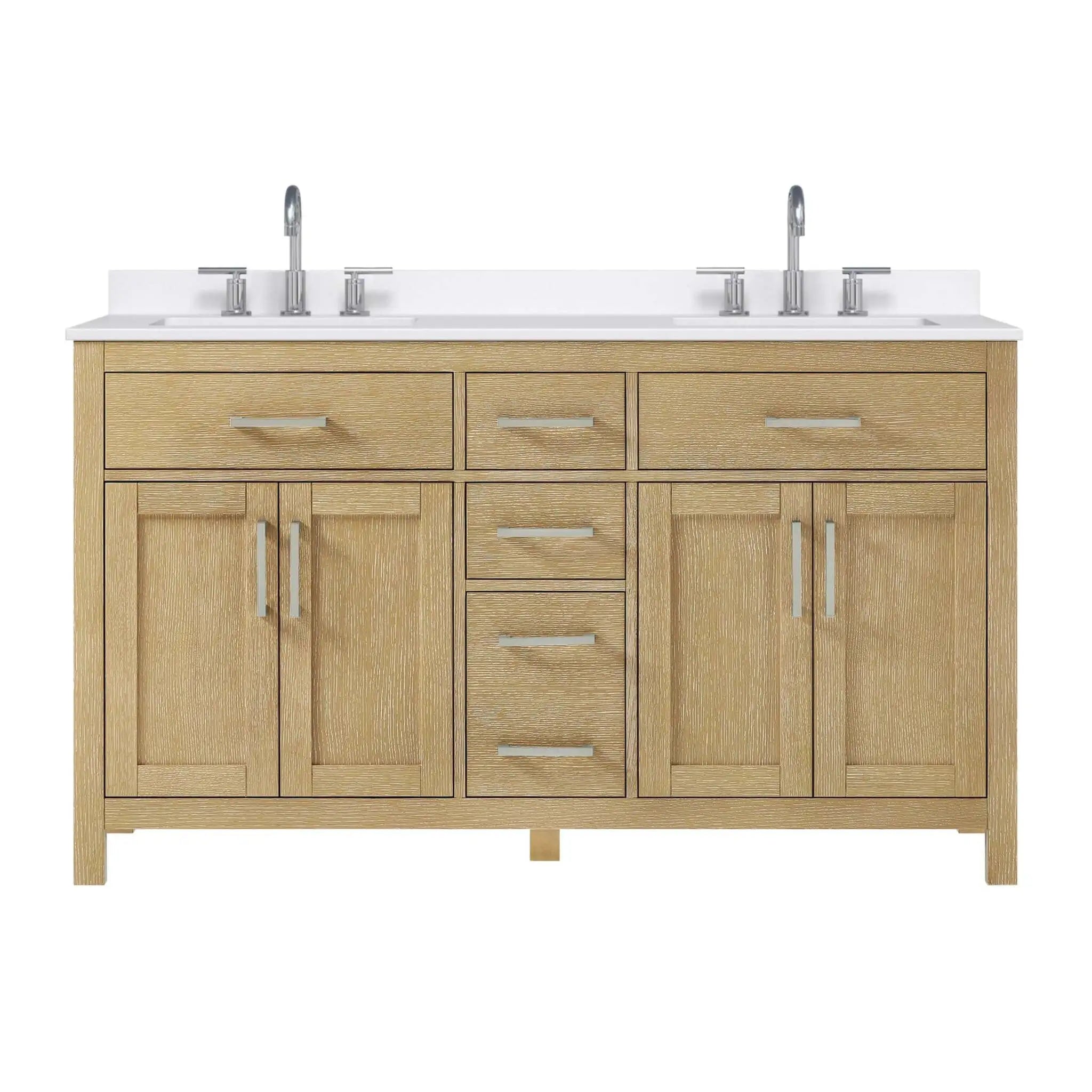 60" Beckett Double Bathroom Vanity in Whitewashed Oak with Brushed Nickel Trim by Wyndham