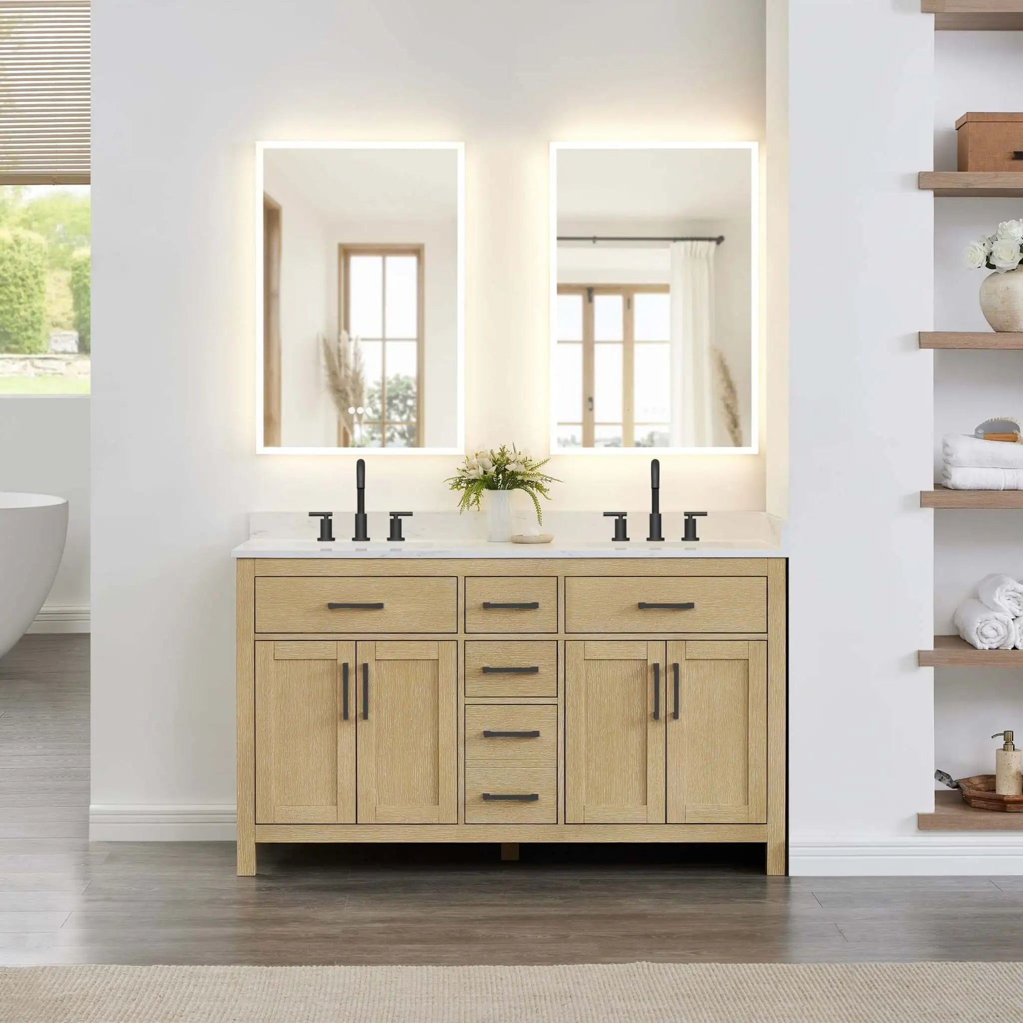 60" Beckett Double Bathroom Vanity in Whitewashed Oak with Matte Black Trim by Wyndham