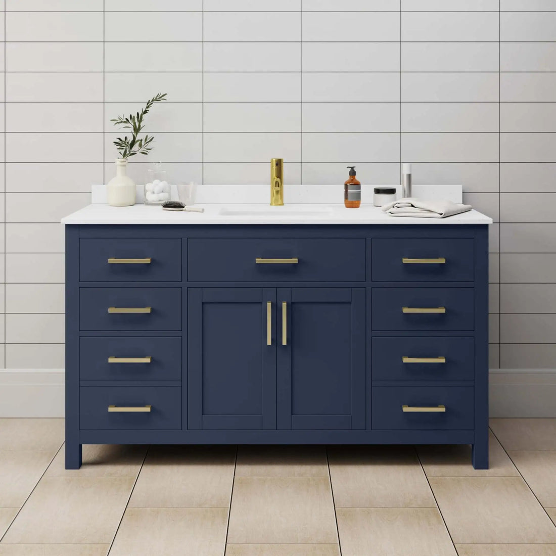 60" Beckett Single Bathroom Vanity in Dark Blue with Brushed Gold Trim by Wyndham