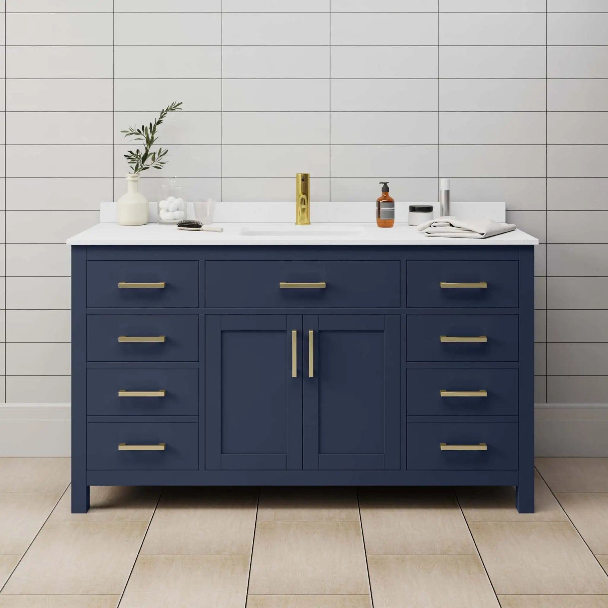 60" Beckett Single Bathroom Vanity in Dark Blue with Brushed Gold Trim by Wyndham