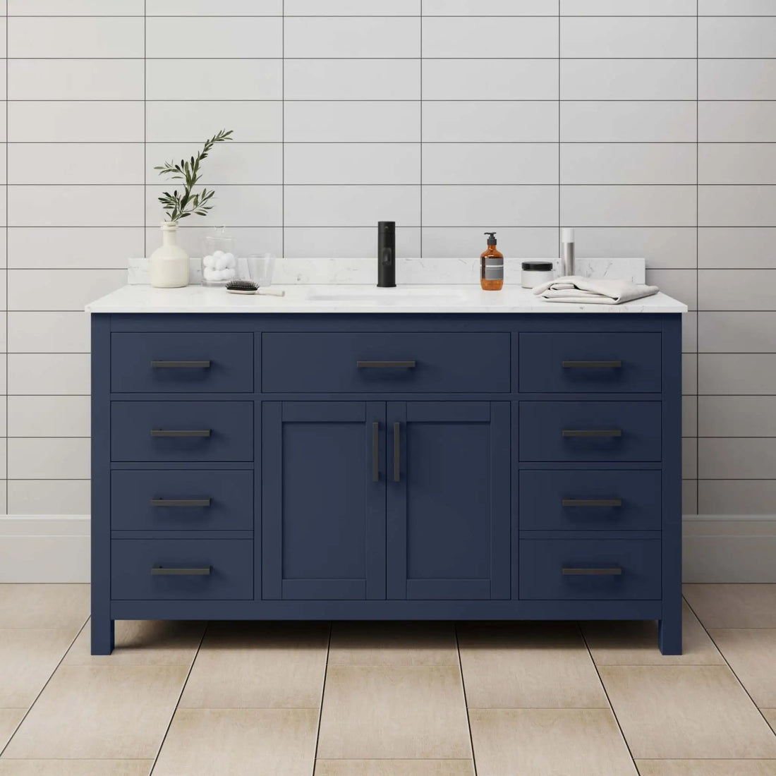 60" Beckett Single Bathroom Vanity in Dark Blue with Matte Black Trim by Wyndham