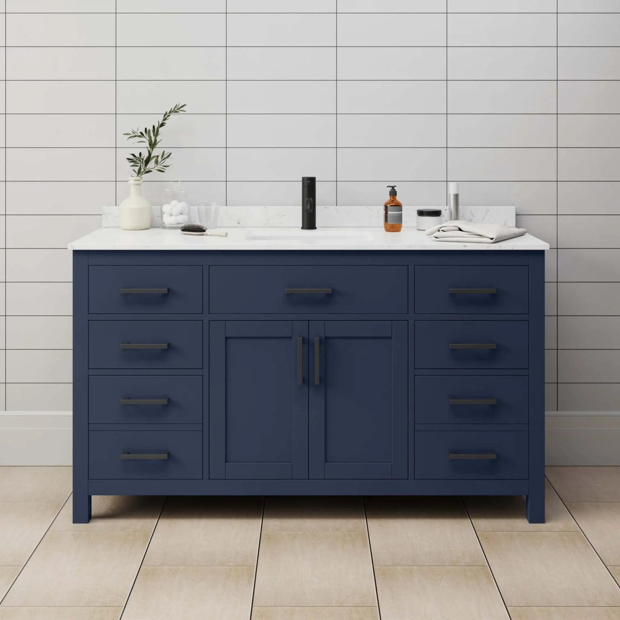 60" Beckett Single Bathroom Vanity in Dark Blue with Matte Black Trim by Wyndham