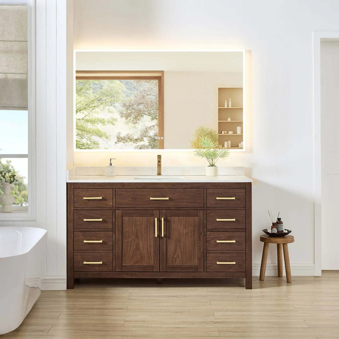 60" Beckett Single Bathroom Vanity in Dark Walnut with Brushed Gold Trim by Wyndham