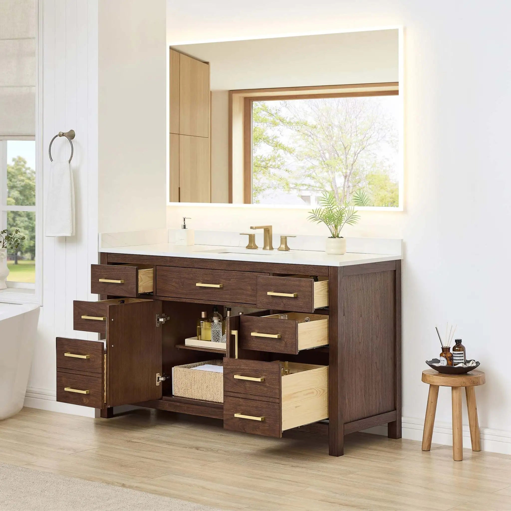 60" Beckett Single Bathroom Vanity in Dark Walnut with Brushed Gold Trim by Wyndham