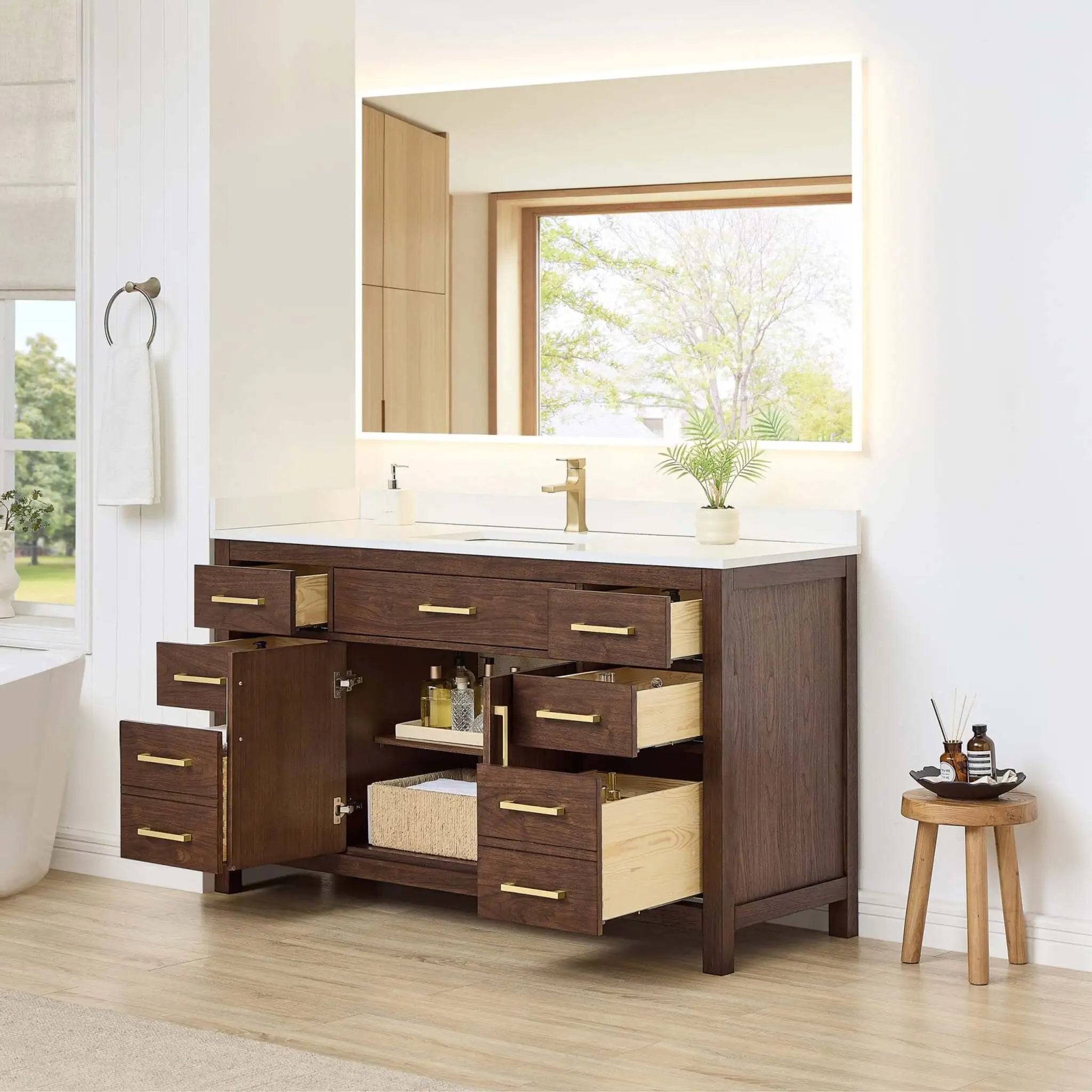 60" Beckett Single Bathroom Vanity in Dark Walnut with Brushed Gold Trim by Wyndham