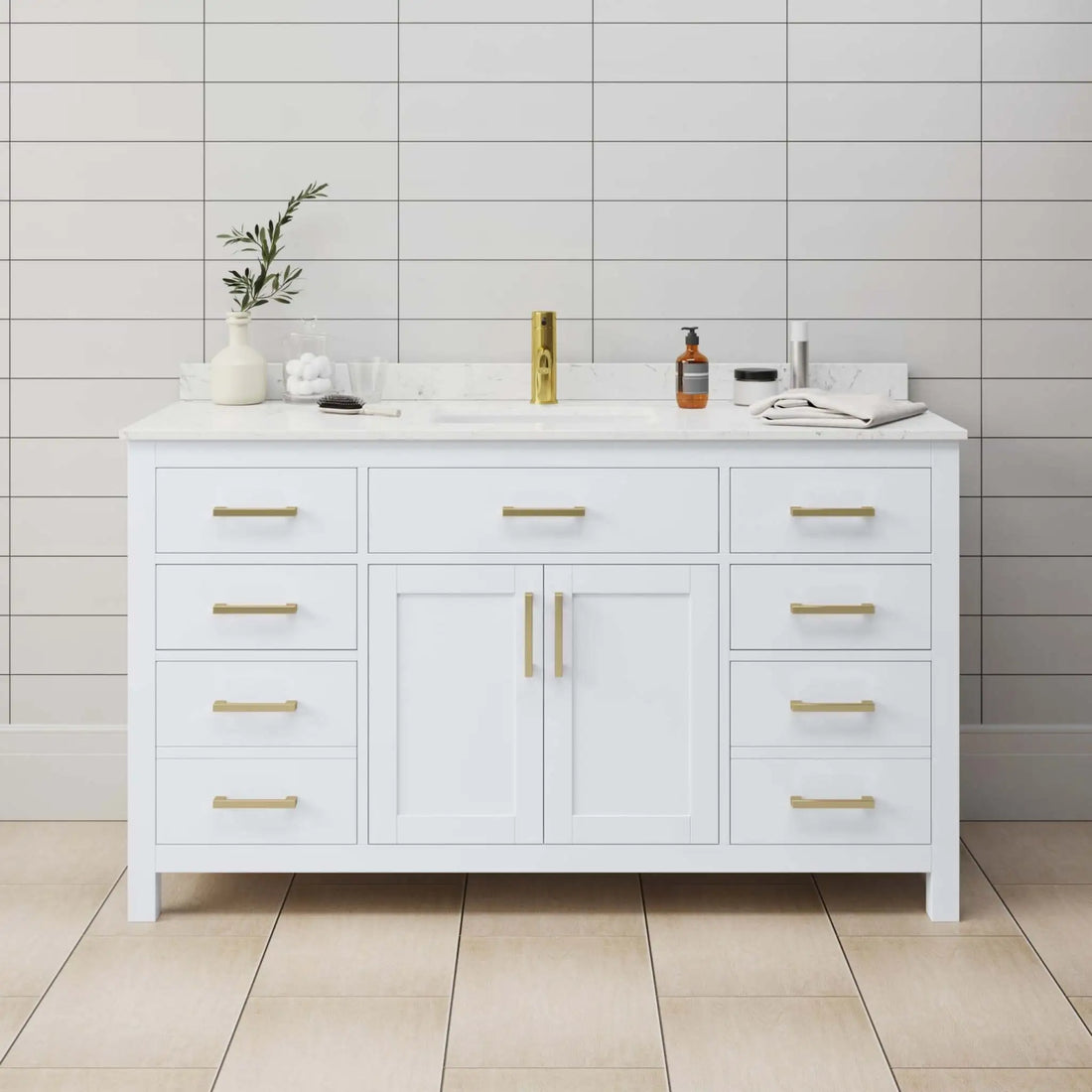 60" Beckett Single Bathroom Vanity in White with Brushed Gold Trim by Wyndham