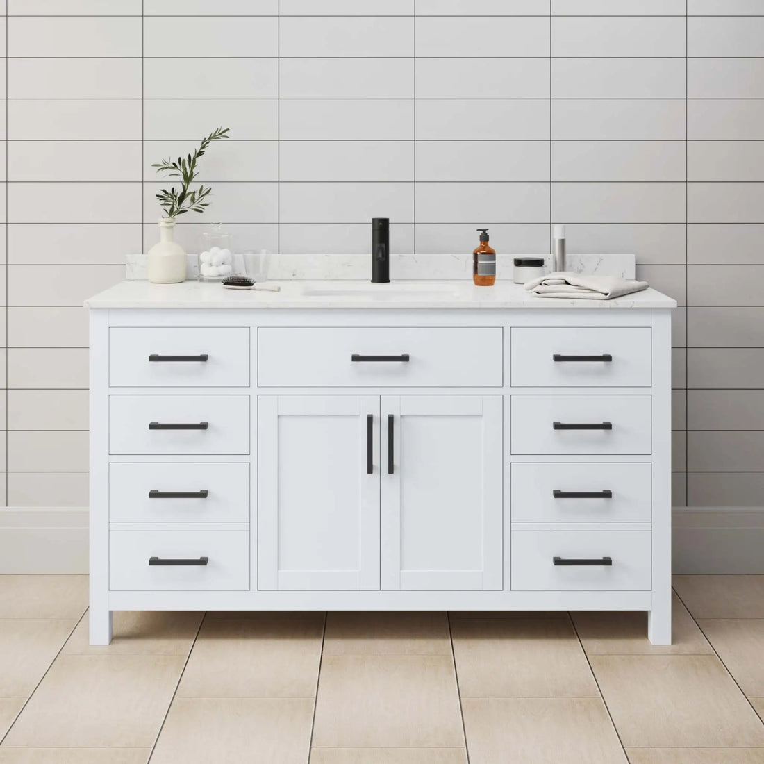 60" Beckett Single Bathroom Vanity in White with Matte Black Trim by Wyndham