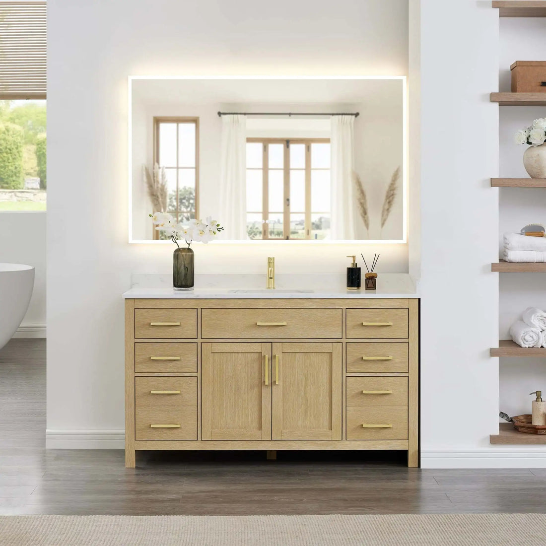 60" Beckett Single Bathroom Vanity in Whitewashed Oak with Brushed Gold Trim by Wyndham