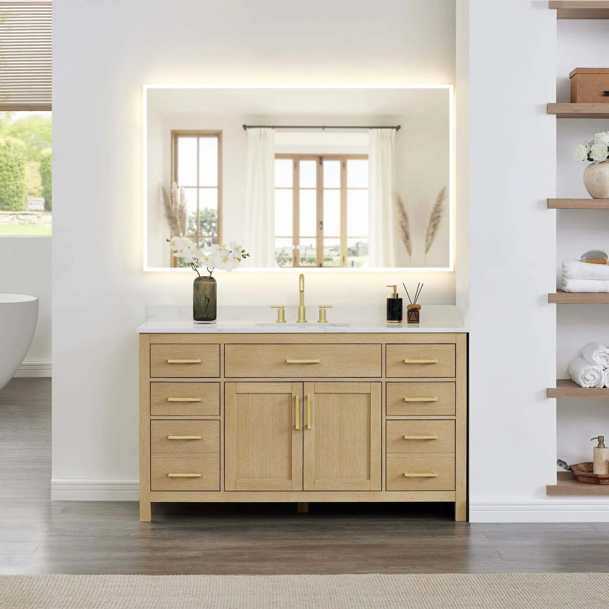 60" Beckett Single Bathroom Vanity in Whitewashed Oak with Brushed Gold Trim by Wyndham