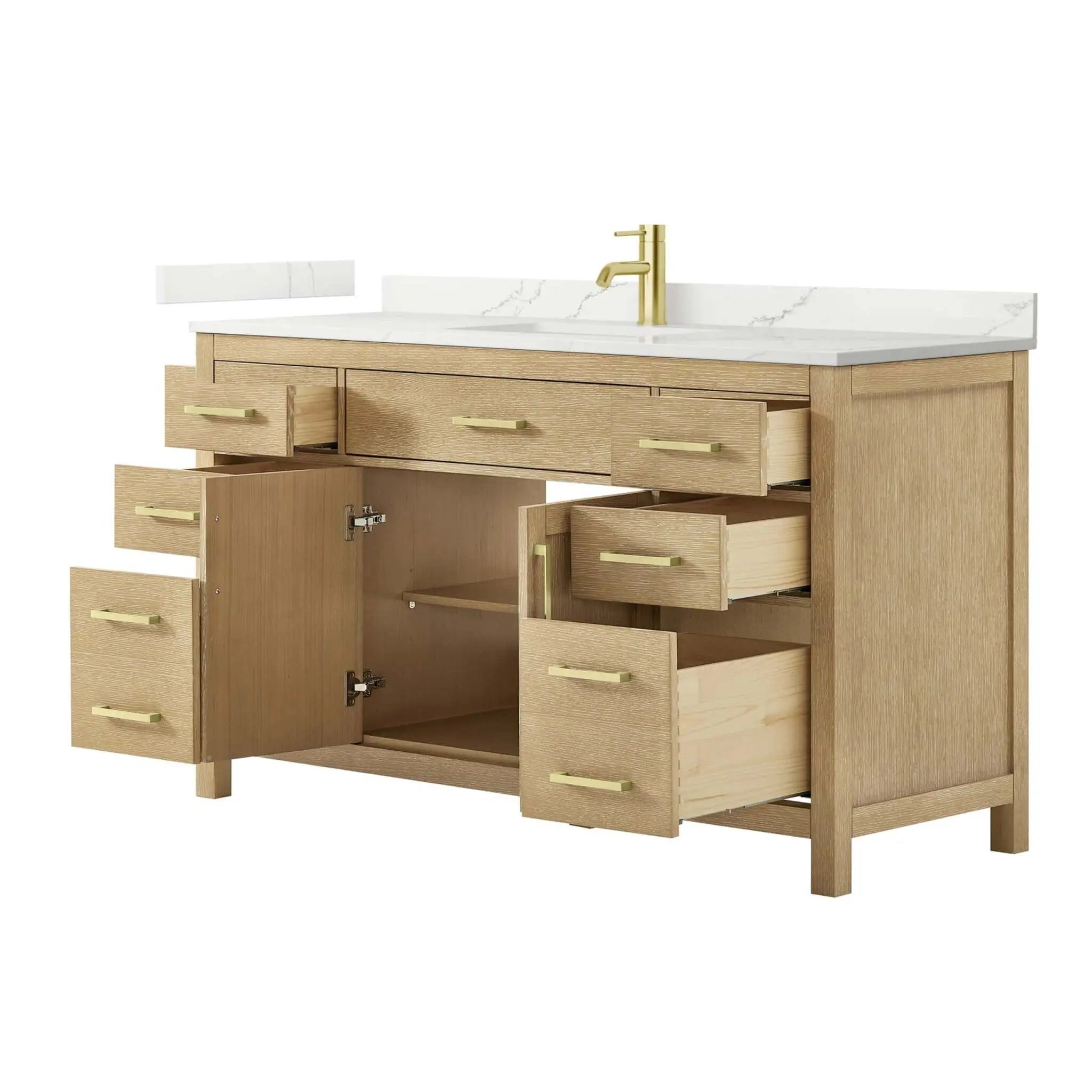 60" Beckett Single Bathroom Vanity in Whitewashed Oak with Brushed Gold Trim by Wyndham