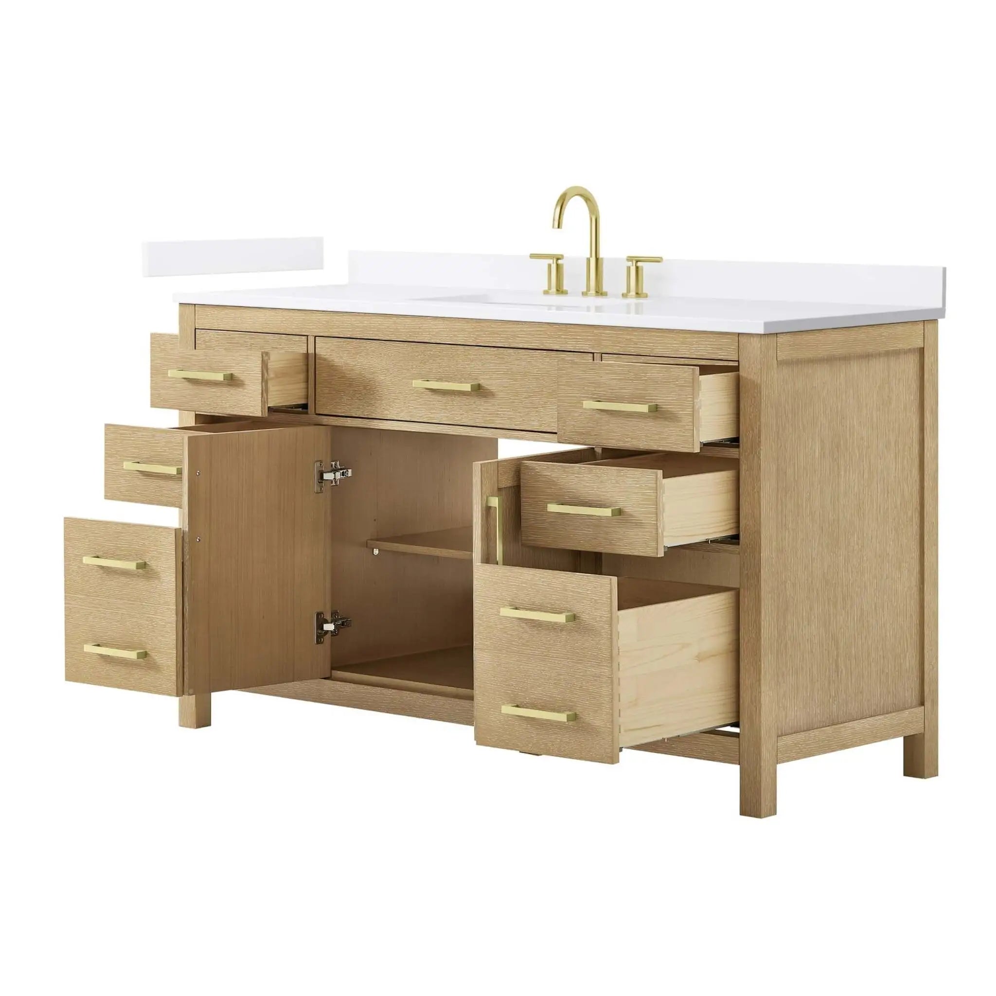 60" Beckett Single Bathroom Vanity in Whitewashed Oak with Brushed Gold Trim by Wyndham